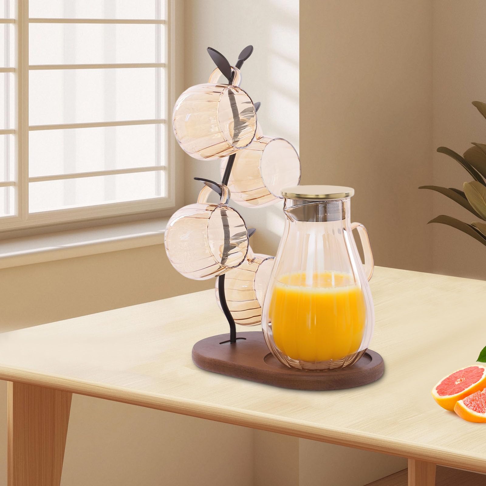 Wasserkaraffe mit Deckel Glaskaraffe mit 4* Tassen & 1 * Rack Klar Glas Karaffe aus Borosilikat & Holz 1,5L