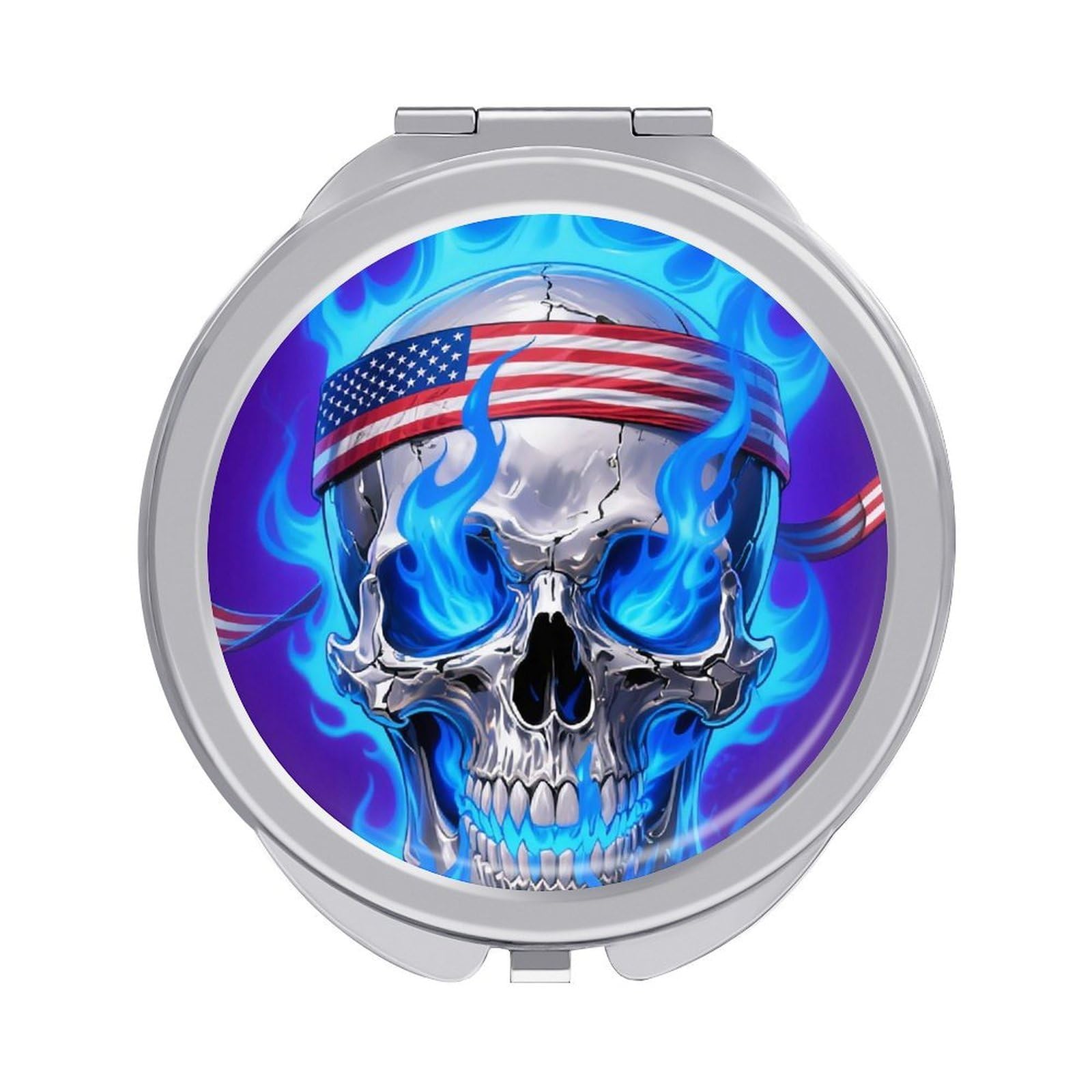 FodPand Compact Hand Mirror with 1x/2x Magnifying Round Travel Makeup Mirror Mini Foldable Fire USA Flag Skull Cosmetic Mirrors Travel Essentials Gift for Women Girl Portable for Pocket Purse -Silver