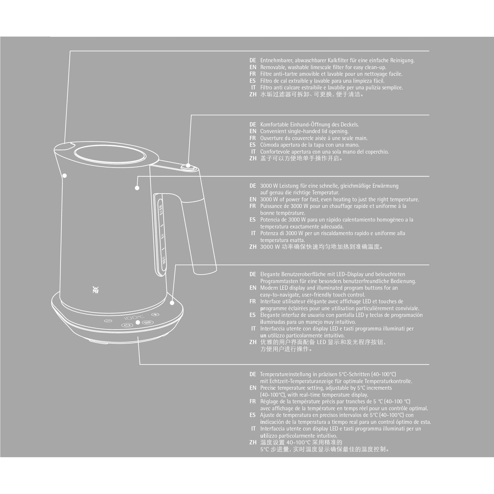 WMF Kineo Hervidor de agua con ajuste de temperatura, 1,6 l, filtro de cal, 3000 W, indicador de temperatura en vivo, hervidor eléctrico de agua de acero inoxidable mate