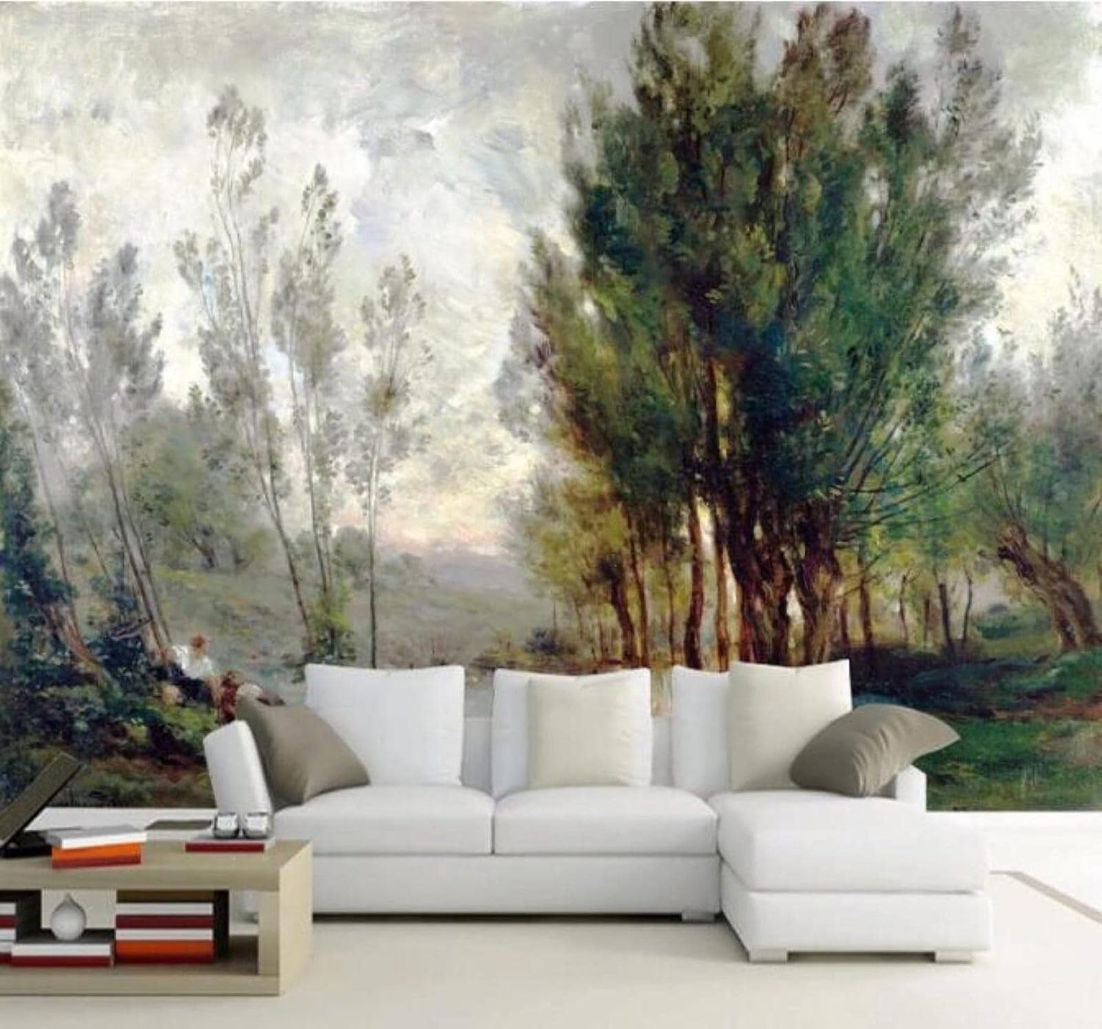 Xlming 350Cm×256Cm(B×H) Hand Painted Watercolour Green Trees Pastoral Scenery 3D Wallpaper Luxury Home Dining Decor Paste Sofa Living Room The Wall For Bedroom Mural-350Cm×256Cm
