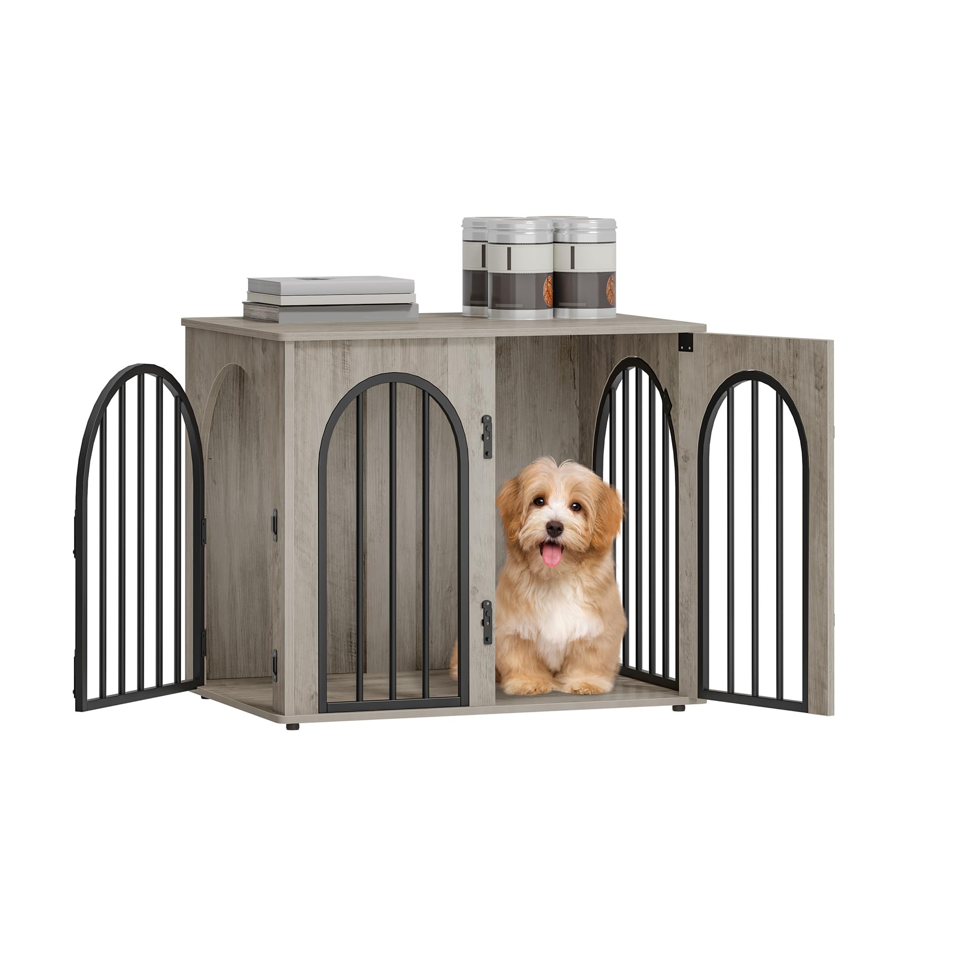 Cage pour Chiens 68cm Table d'Appoint Niche Moderne Intérieur 3 Portes Porte arquée 68 x 49 x 56 cm Ivoire Clair