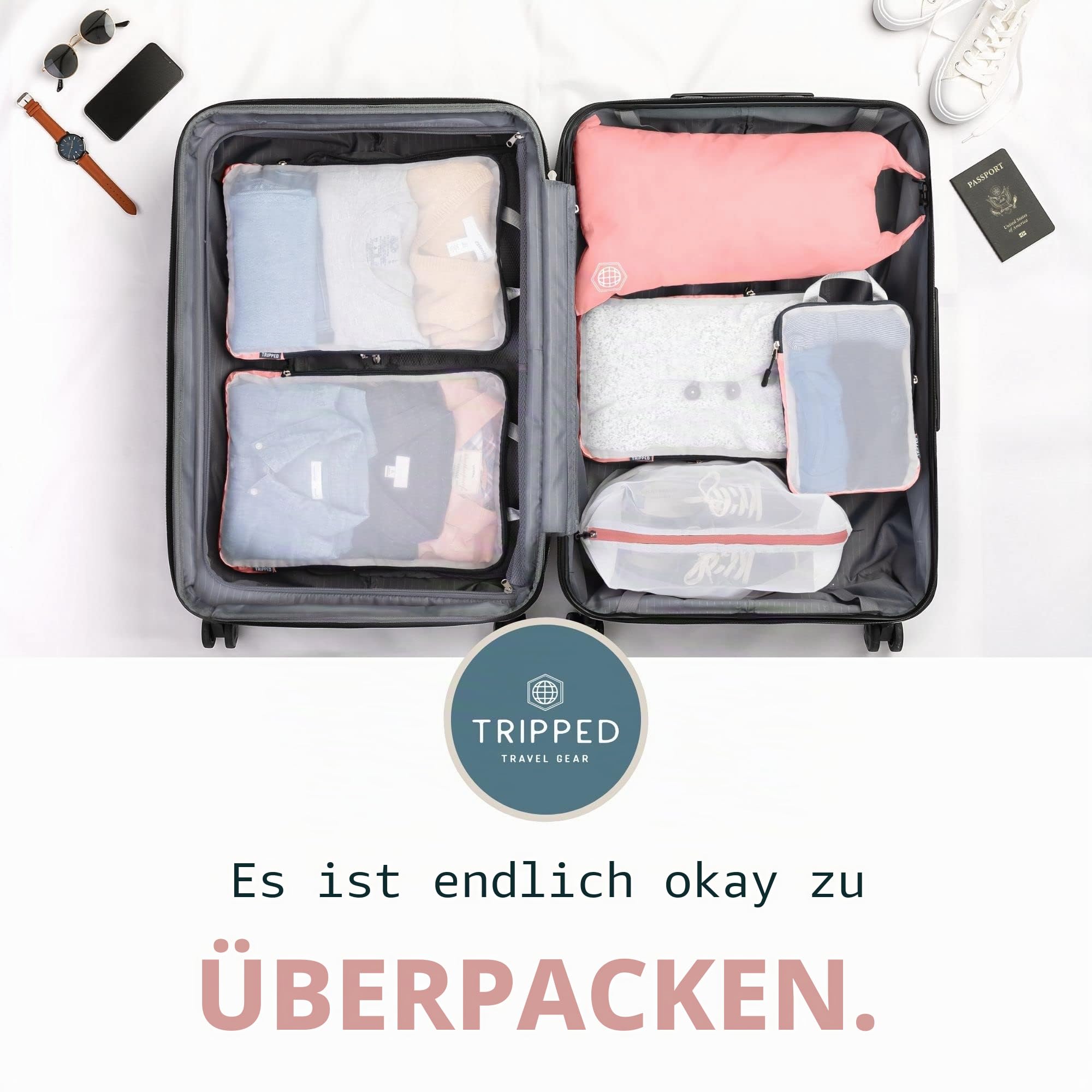 TRIPPED Travel Gear Großes Packwürfel-Set mit durchsichtigem Netz, Kompressions-Verpackungswürfel, Reise-Organizer (Dusty Rose)