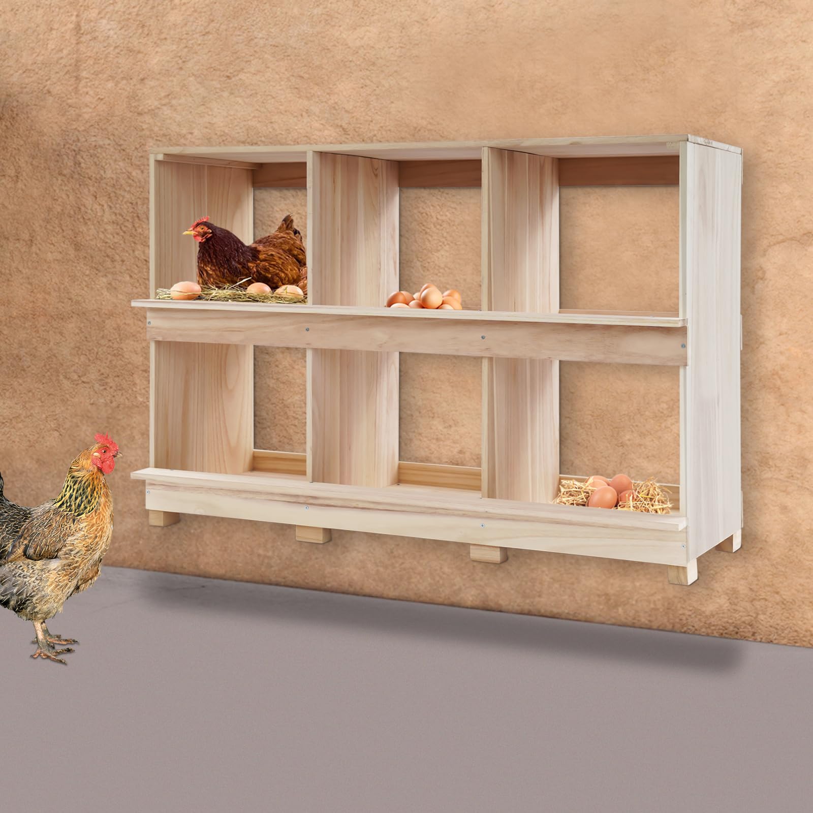 Legenester HüHner Legenest HüHnernest Abrollnest legenester Hühner-Nistkasten aus Holz, 6 Fächer, 96x37,2x66,3 cm, Naturholzfarbe, mit Sitzstange, für Legehennen