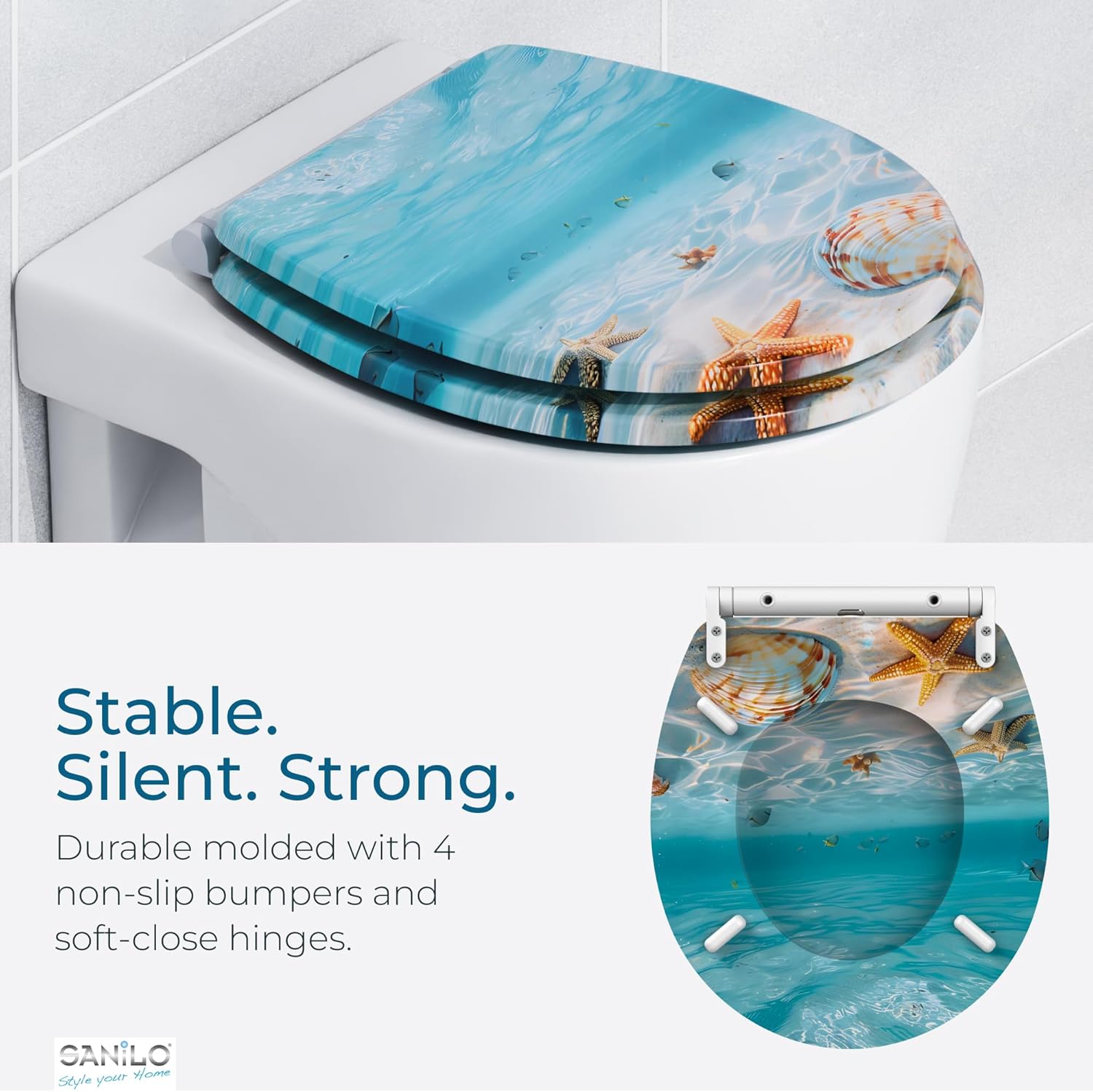 Sanilo Wooden Toilet Seat with Quick Release & Soft Close [ROUND] - Decorative & Slow Close Molded Wood Seat - With One Click for Easy Installation & Cleaning - With Adjustable Fit (Waterworld)