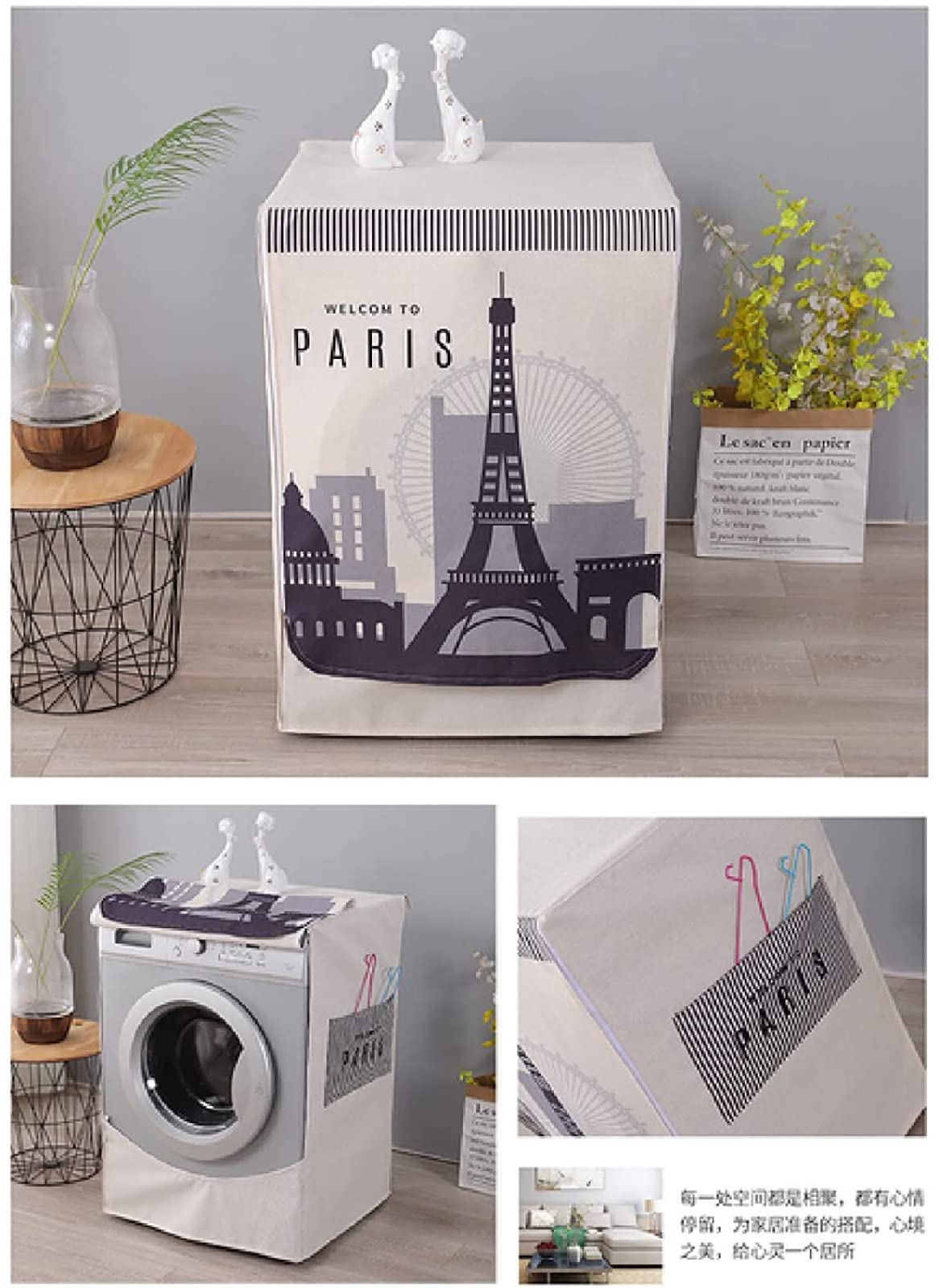 Pokrowiec na pralkę, automatyczna osłona suszarki do pralki ładowanej od przodu (Eiffel Tower, rozmiar L 60 x 60 x 85 cm)