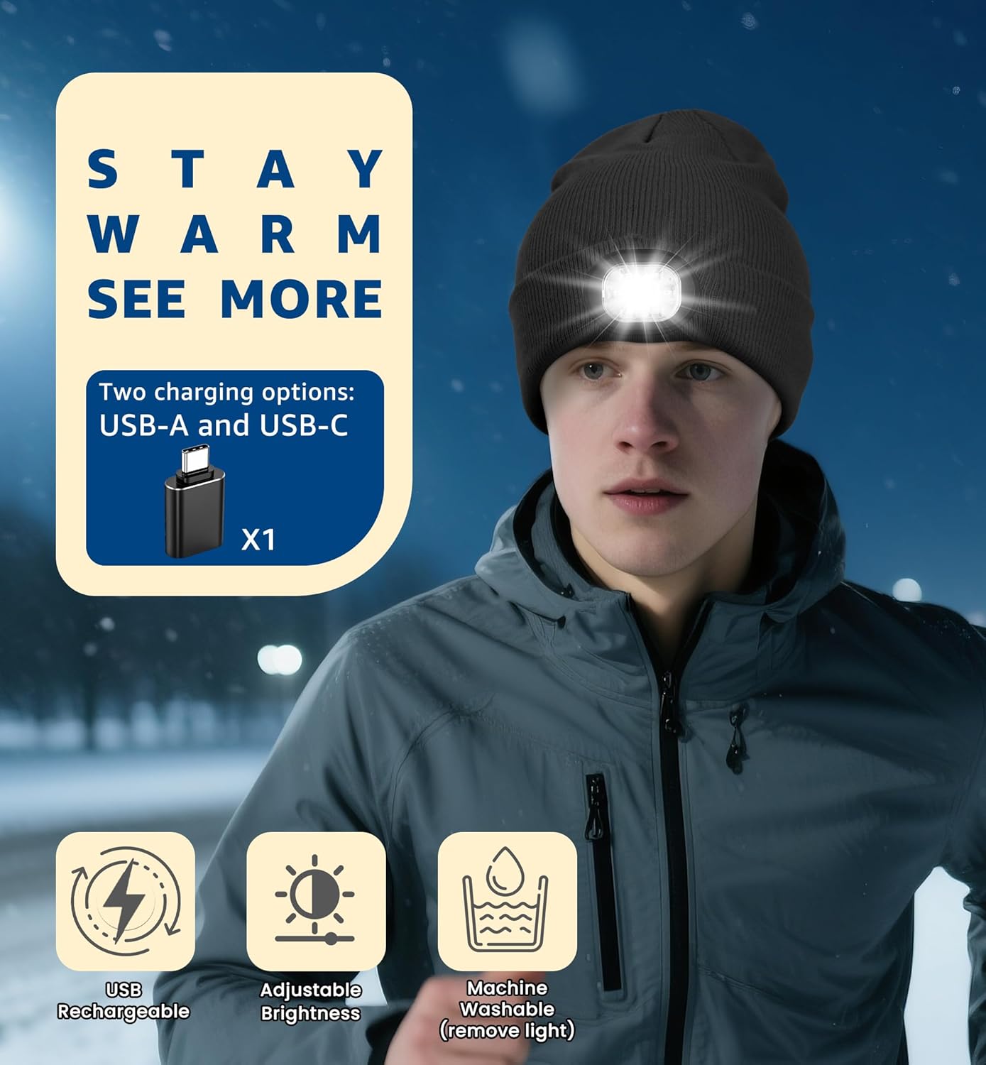 HiRui LED Beanie Hat with Light, 6‑LED USB Rechargeable Headlamp, 3 Modes, Unisex Knit Winter Cap, USB‑C Adapter Included - Image 2