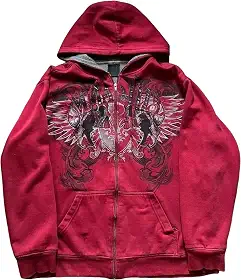 Jaqueta Streetwear Y2K Grunge com Zíper, Moletom Unissex Oversized Emo Gótico Anos 2000 com Estampa (Vermelho, Tamanho Grande)