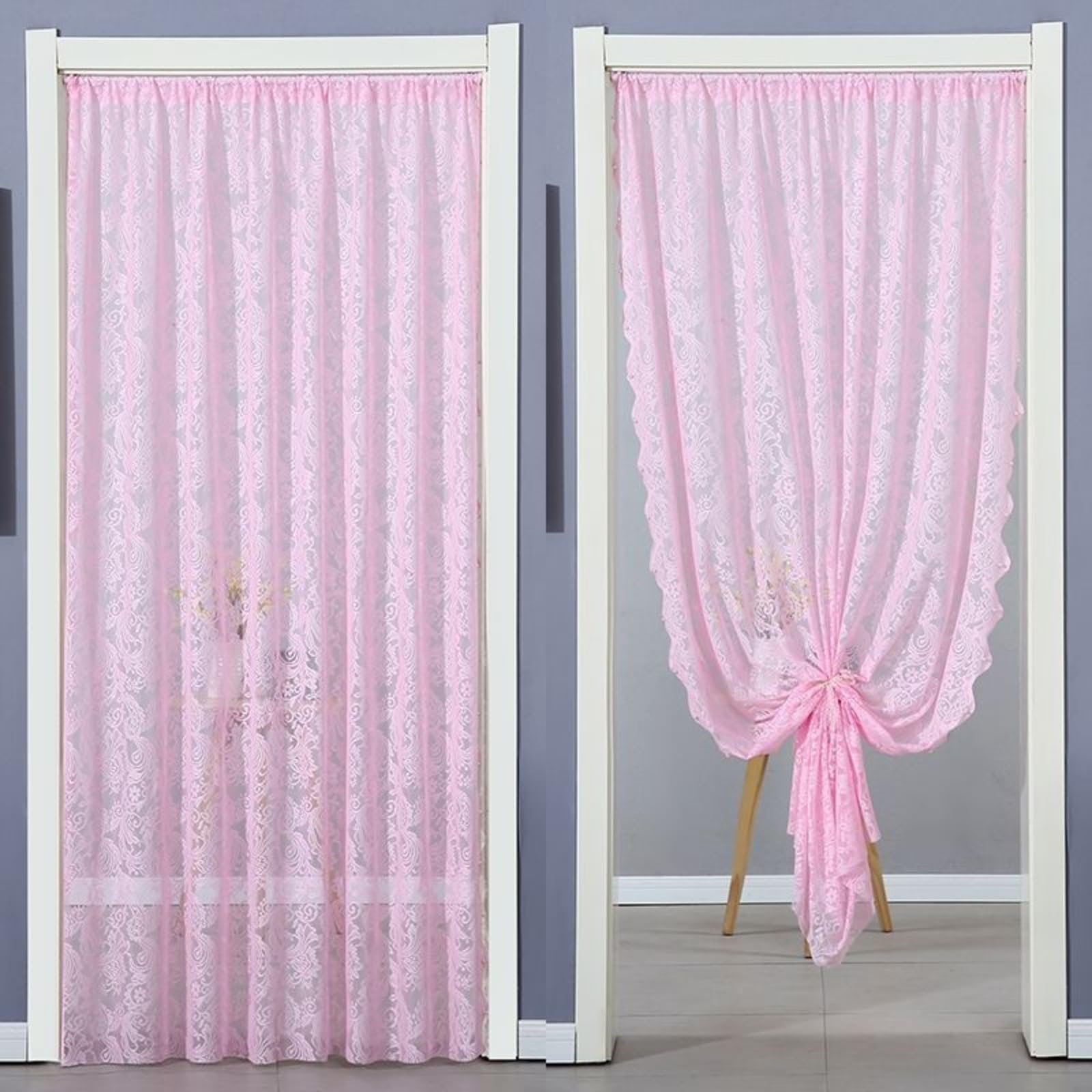 Rideau de porte rose filtrant pour cacher placard sans percer