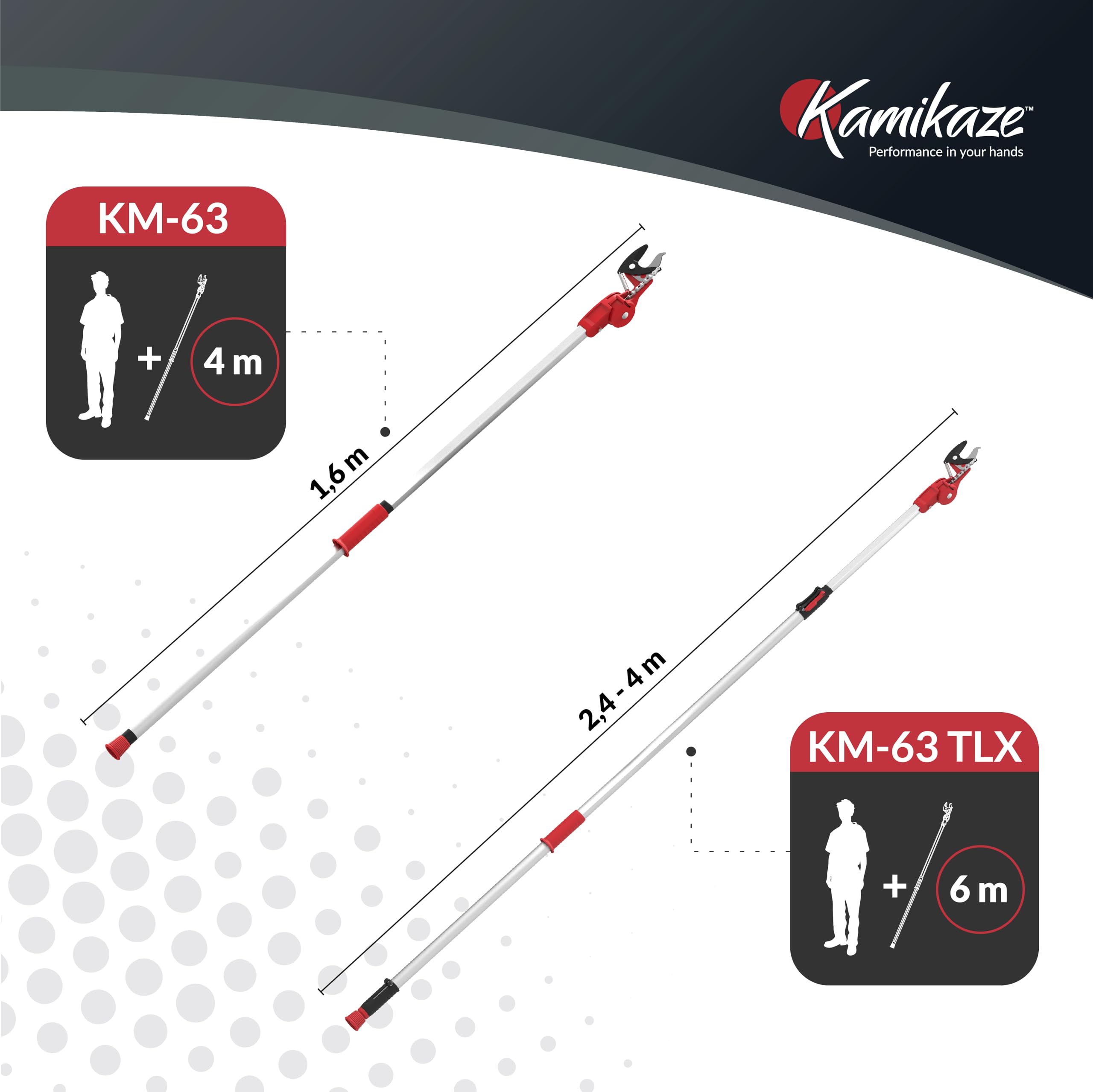 KAMIKAZE Échenilloir Coupe-Branches Télescopique jusqu'à 4 m. Mécanisme de Poulies Réducteur d'Effort. Tête Rotative et Lame en Acier SK5 avec Revêtement Antiadhésif. Sécateur Télescopique KM-63TLX