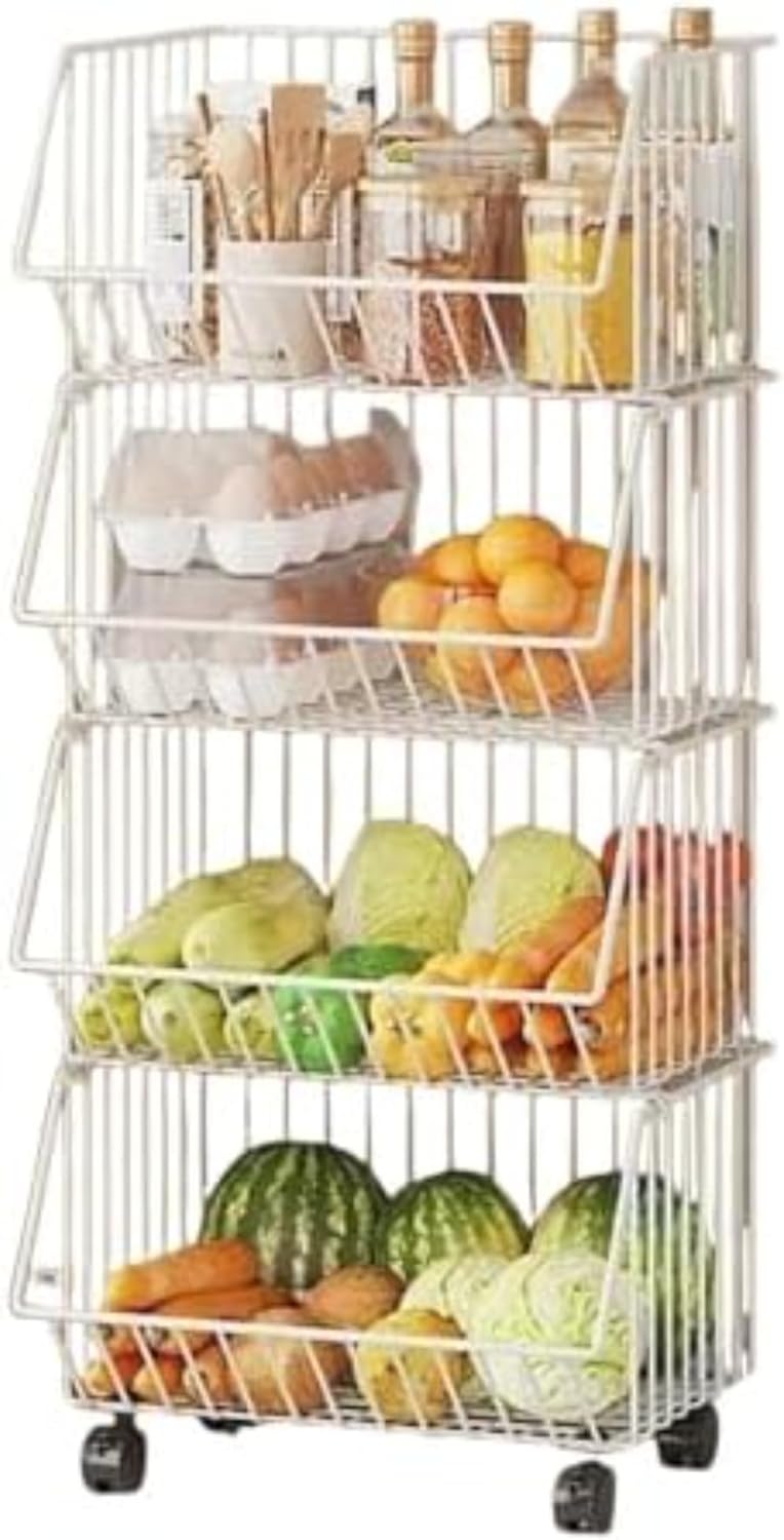 GOTRAFY キッチンワゴン スチールラック 収納棚 キャスター付き スリム 大容量 取り外し・積み重ね可能 防錆 鉄製収納バスケ