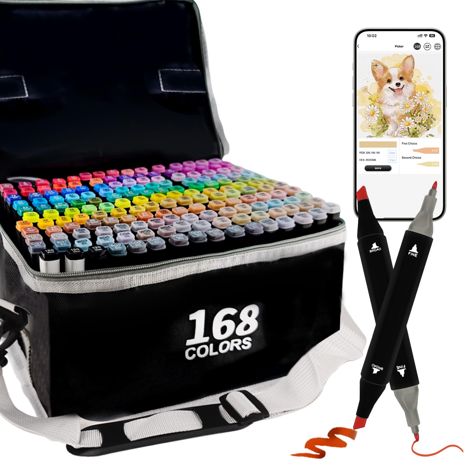 Alcohol Markers with APP, 168+2 Colors Dual Tip Art Marker for Adults Coloring Books, Alcohol Based Illustration Markers Set for Adult Artist Drawing Sketching Painting Lettering Cards