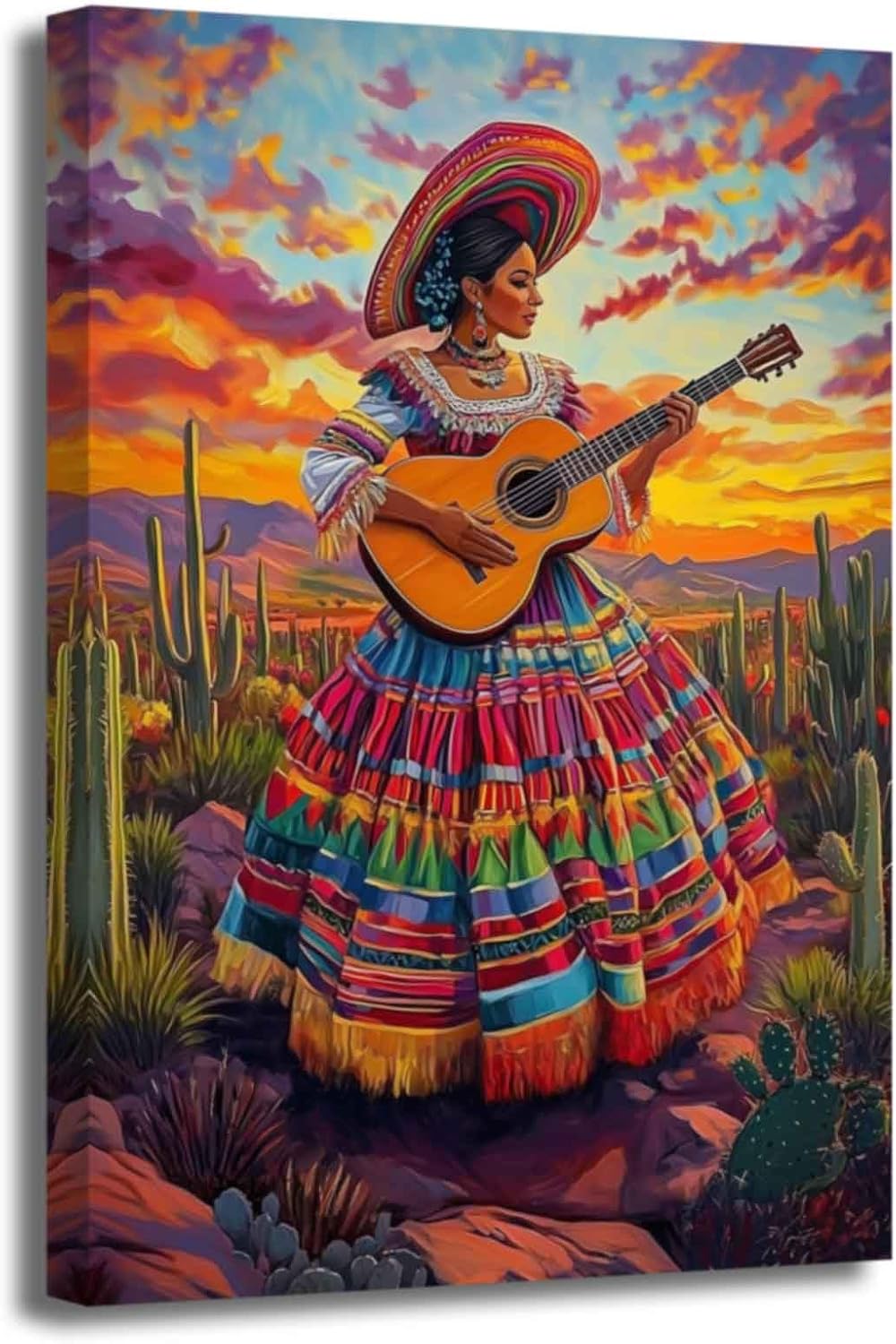 ZSHARTSWD Mexican Wall Art Mexican Woman Playing Guitar Pictures Cactus Landscape Canvas Prints Southwest Desert Painting for Living Room Home Decor Framed (Pink, 24L x 16W)