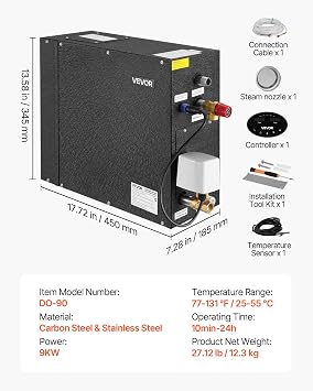 VEVOR Steam Generator, 9 kW Steam Shower System with Controller for Home Sauna & Spa, Commercial Auto Drain Kit with Overheat, Dry-Run & Overpressure Protection, 10min to 24h Timer, Black