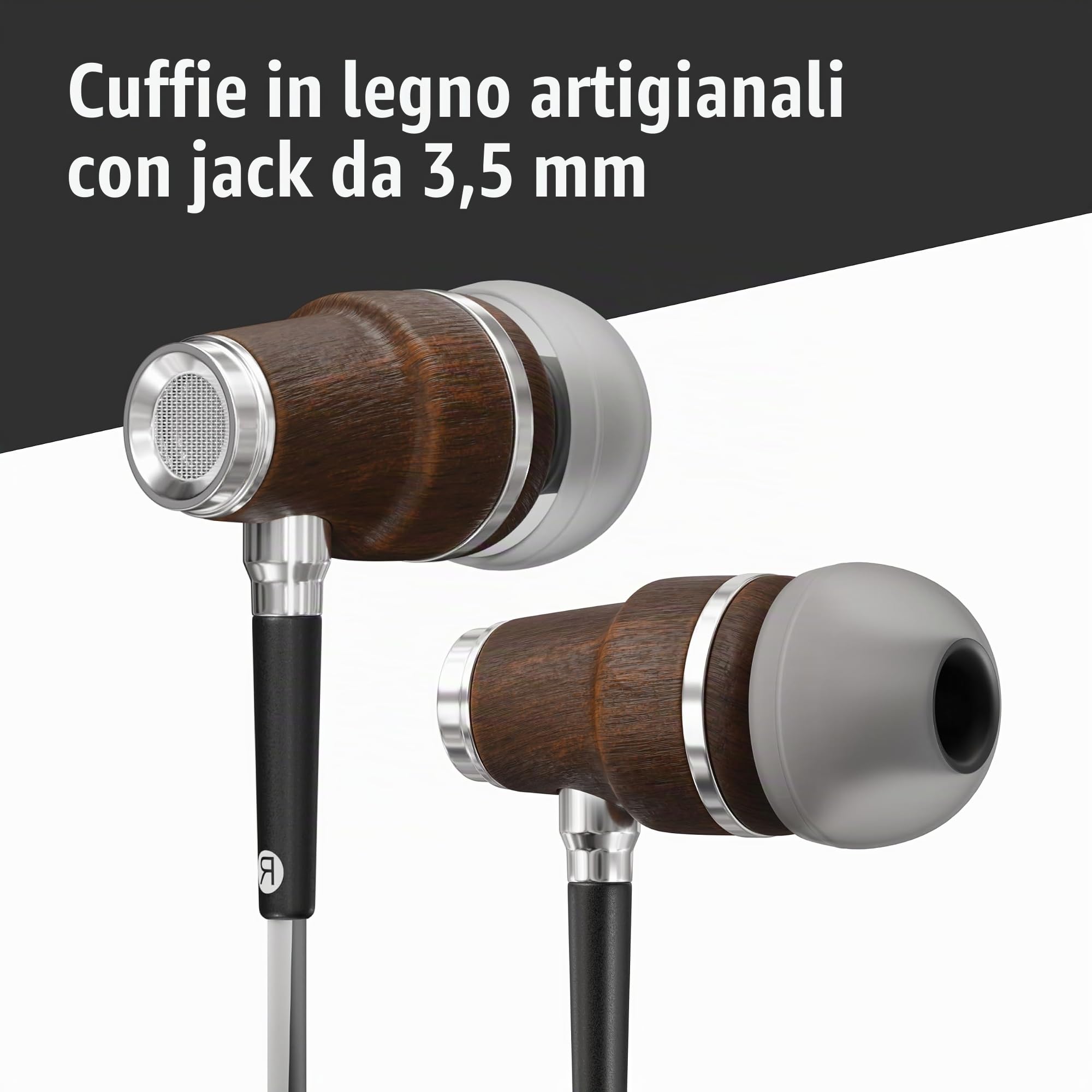 Symphonized® Auricolari con Filo e Microfono, bassi da 8 mm, suono 3D in legno di Bubinga, cuffie in ear cancellazione attiva del rumore, Jack 3,5 mm, controllo del volume per cellulare, PC e tablet.