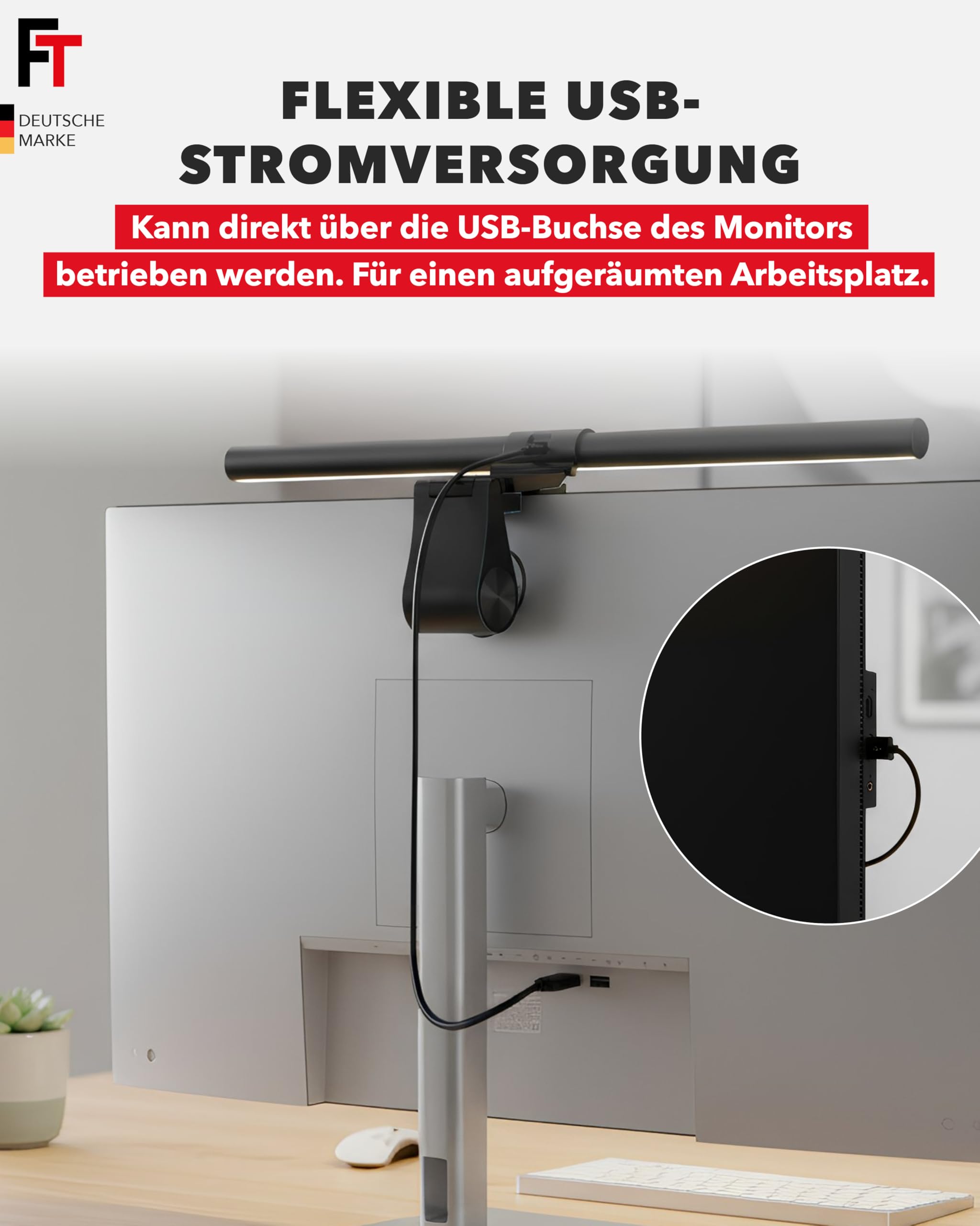 FeinTech LT750 LED Monitorlampe 51 cm USB Schreibtischlampe Lichtsensor Dimmbar Farbtemperatur Einstellbar Curved (ohne Fernbedienung)