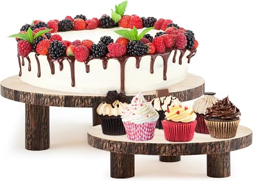 Roowest 2 Sets Wood Cake Stand, 9 and 10 Rustic Wooden Slice Boards Round Cake Holder for Party Wedding Birthday Event Farmhouse Dining Room Table Decor Centerpieces Home Decorations