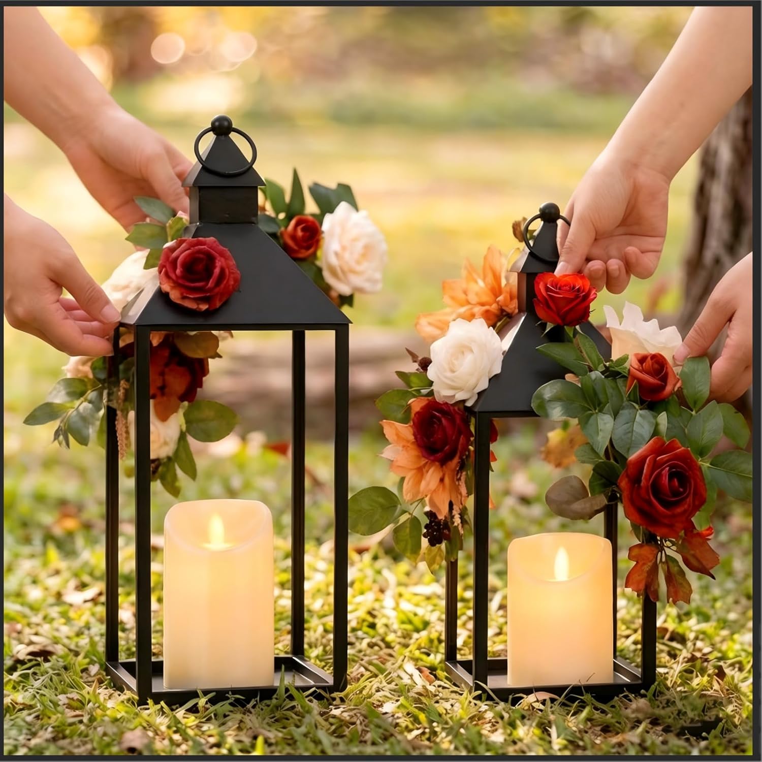 Lantern Decorative Outdoor/Indoor Set of 2 (17" & 13") Black Metal Candle Lanterns with Flameless, Farmhouse Decoration for Home, Porch, Garden, Mantle, Wedding