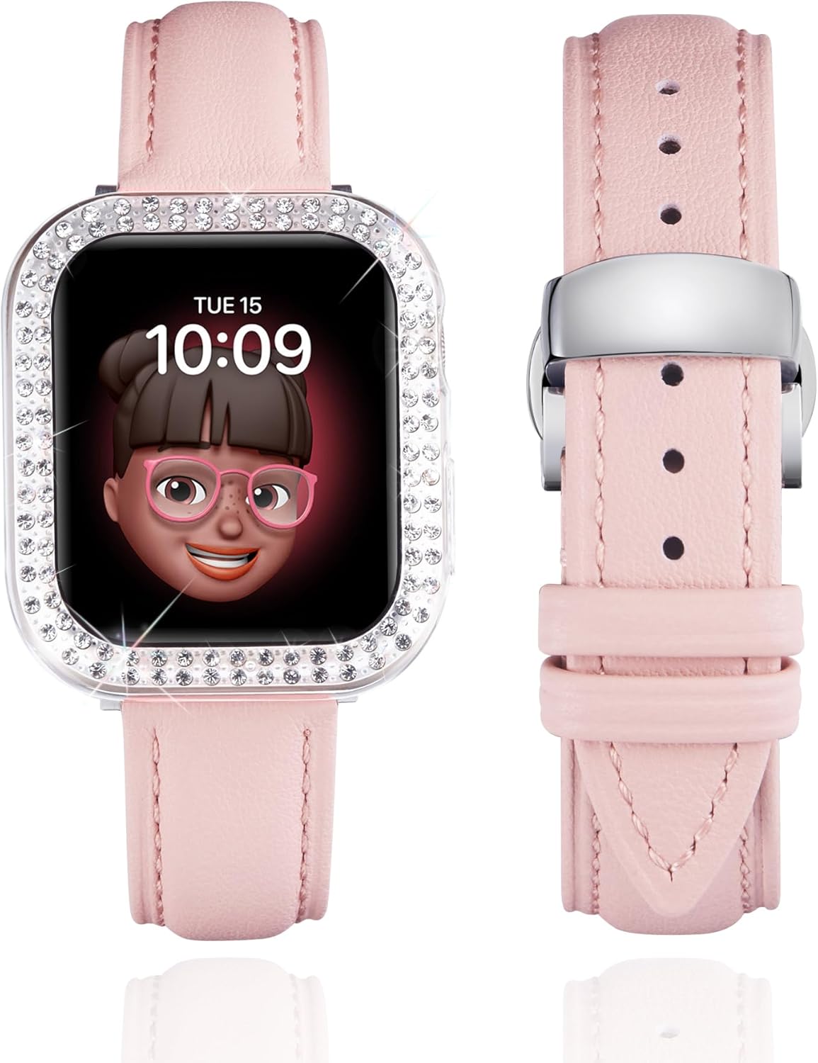 BINLUN Leather Band Compatible with Apple Watch 46mm 45mm 44mm 42mm 41mm 40mm Women Leather Strap with Glitter Diamond Case Compatible with iWatch Series 11/10/9/8/7/SE3/SE2/SE/6/5/4