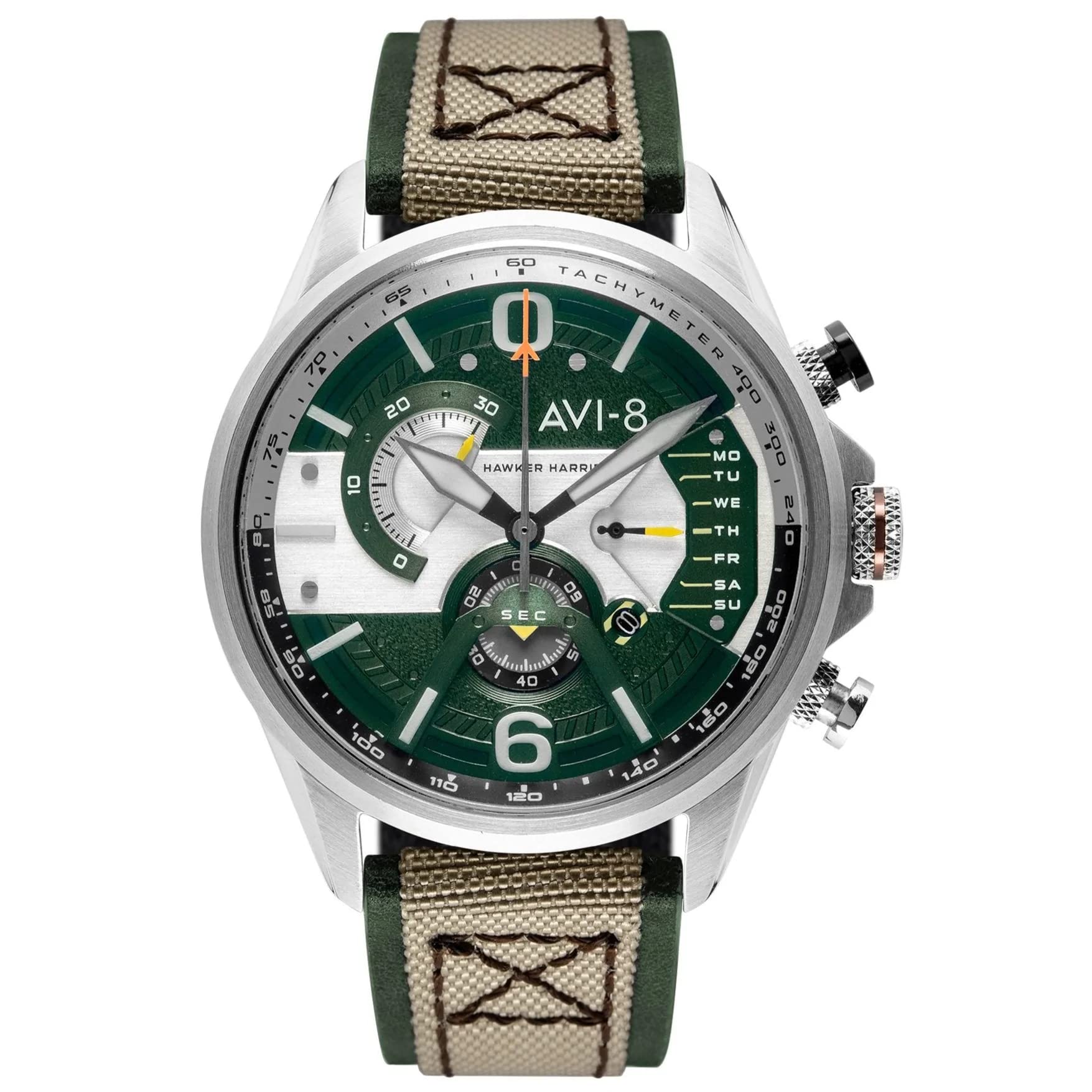 AVI-8 Men's Hawker Harrier Dual Retrograde Chronograph Sand Military Green with Green Genuine Leather and Nylon Strap Watch 44mm - AV-4056-02