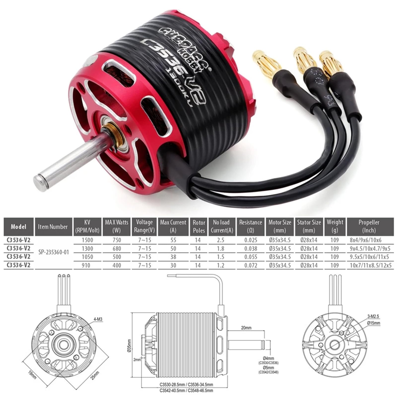 C3536 V2 1300KV Outrunner Brushless Motore Albero Diametro 4MM per RC Aereo Aereo Ala Fissa RC Drone
