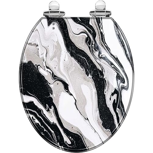 Round Toilet Seat Marble ink texture Gray silver white pattern abstract Resin Toilet Seat Quietly Close Quick Release Hinges Decorative Toilet Seat with Cover Easy to Install, Style 1