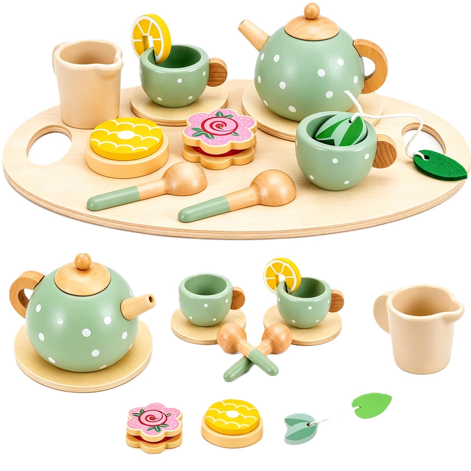 Wooden Tea Set for Toddlers Play Food Pretend Play for 3+ Years Old