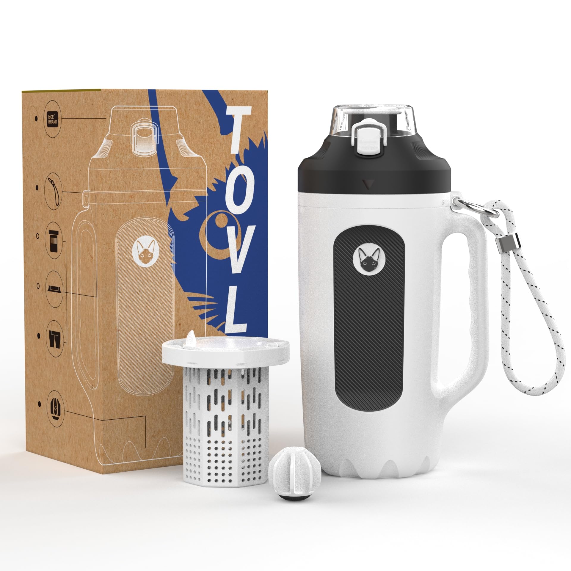 tovls 32oz Insulated Water Bottle Multi-Function Sports Jug with Handle & Magnetic Blender - Leak Resistant for Baseball Football Gym & Outdoor Activities (Classic White & Carbon Black)