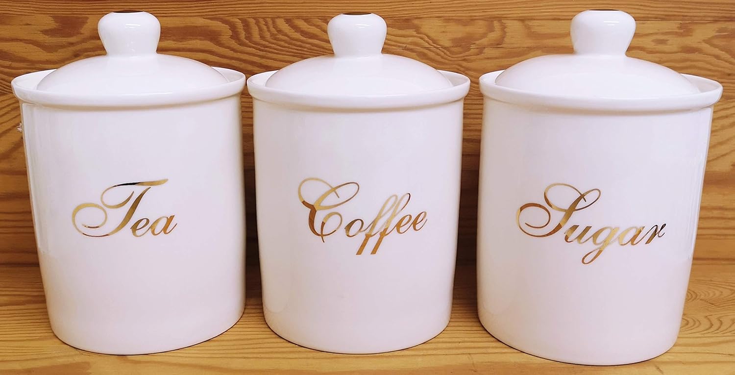White & Gold Tea Coffee Sugar Canisters Fine Bone China Storage Jars Set Hand Decorated in UK
