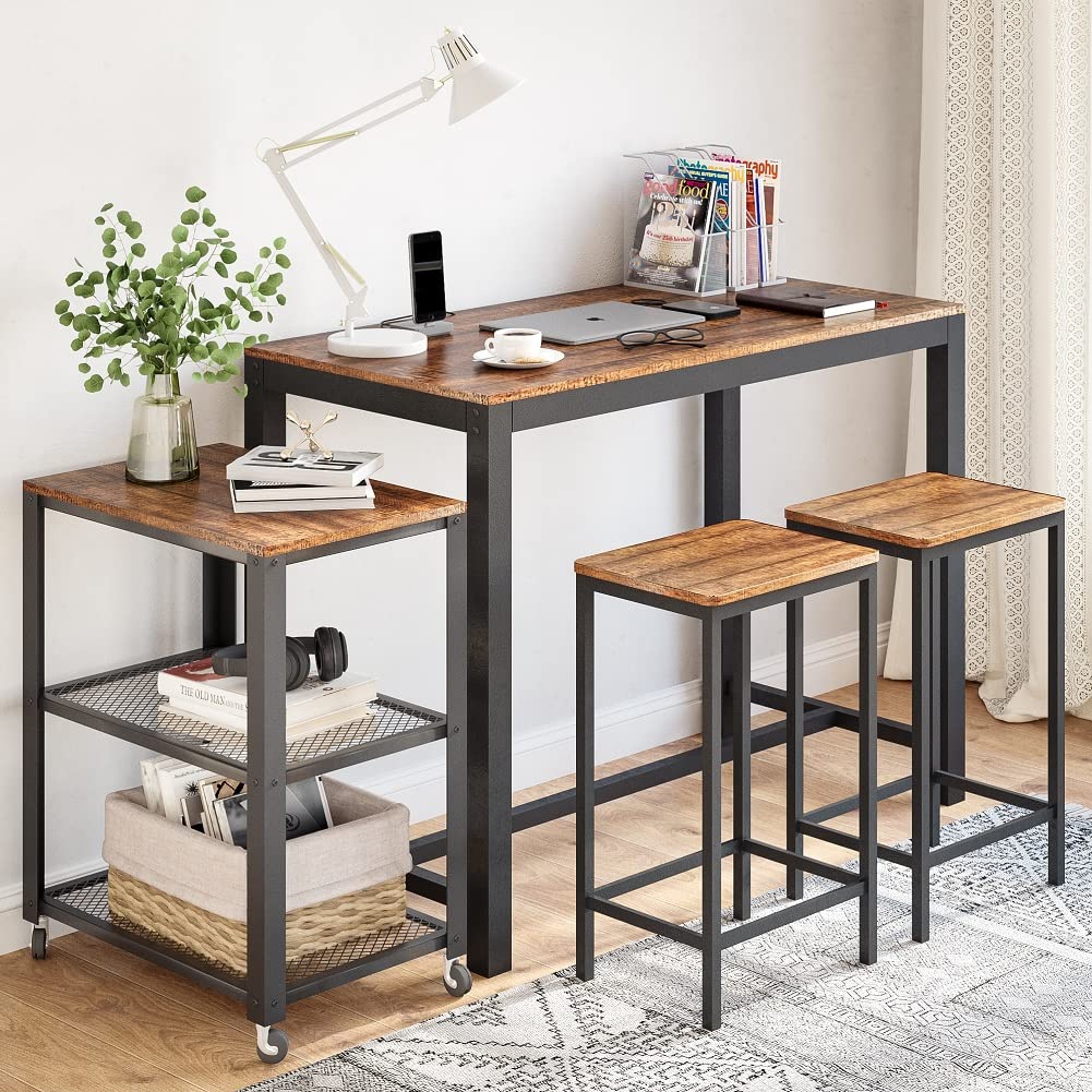 Meerveil Carrello industriale cucina con rack di stoccaggio a 3 piani, vintage con ruote, ripiano in legno e telaio in metallo
