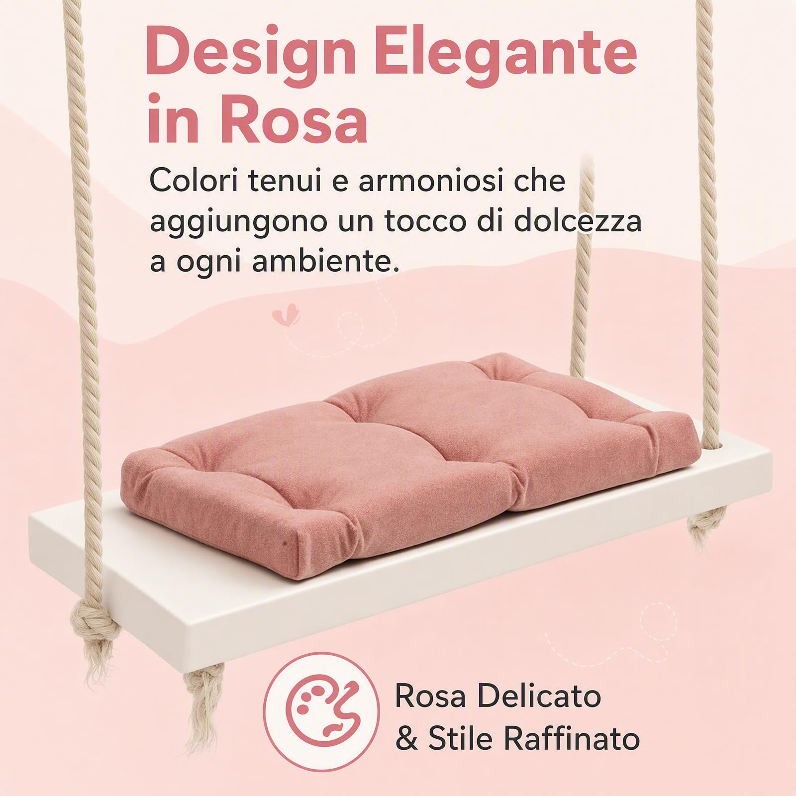 Poltrona sospesa con cuscino ispessito per bambini, altalena in legno rosa con supporto per interni ed esterni, asili, capacità di peso 50 kg