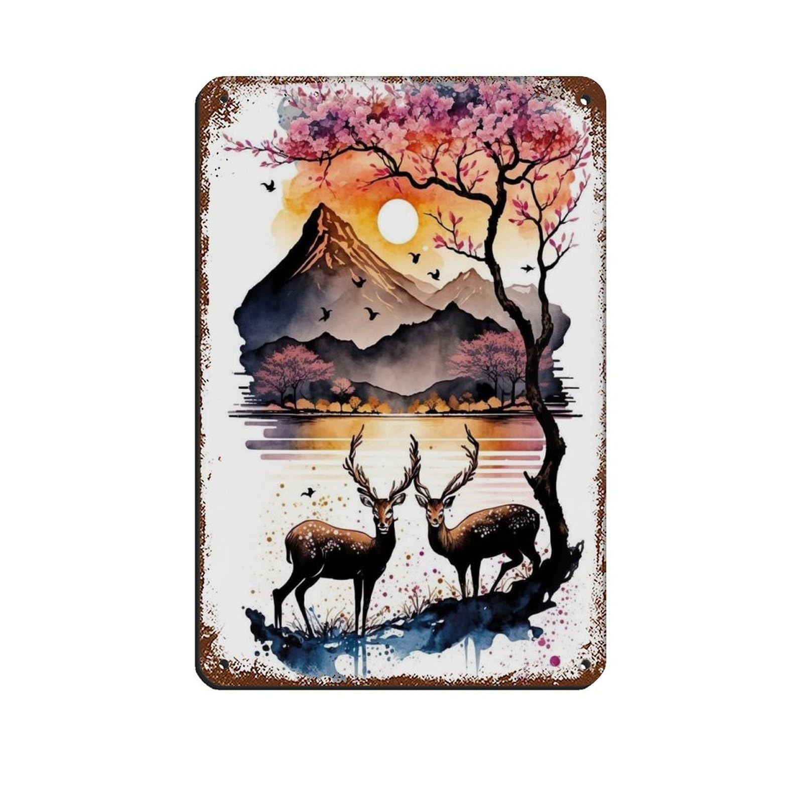 Lxwnze 20L X 30W Cm Sika Deers By The Riverjapanese Landscape Tin Sign Vintage Metal Pub Club Cafe Bar Home Wall Art Decoration Poster Retro 8X12inch(20X30cm)