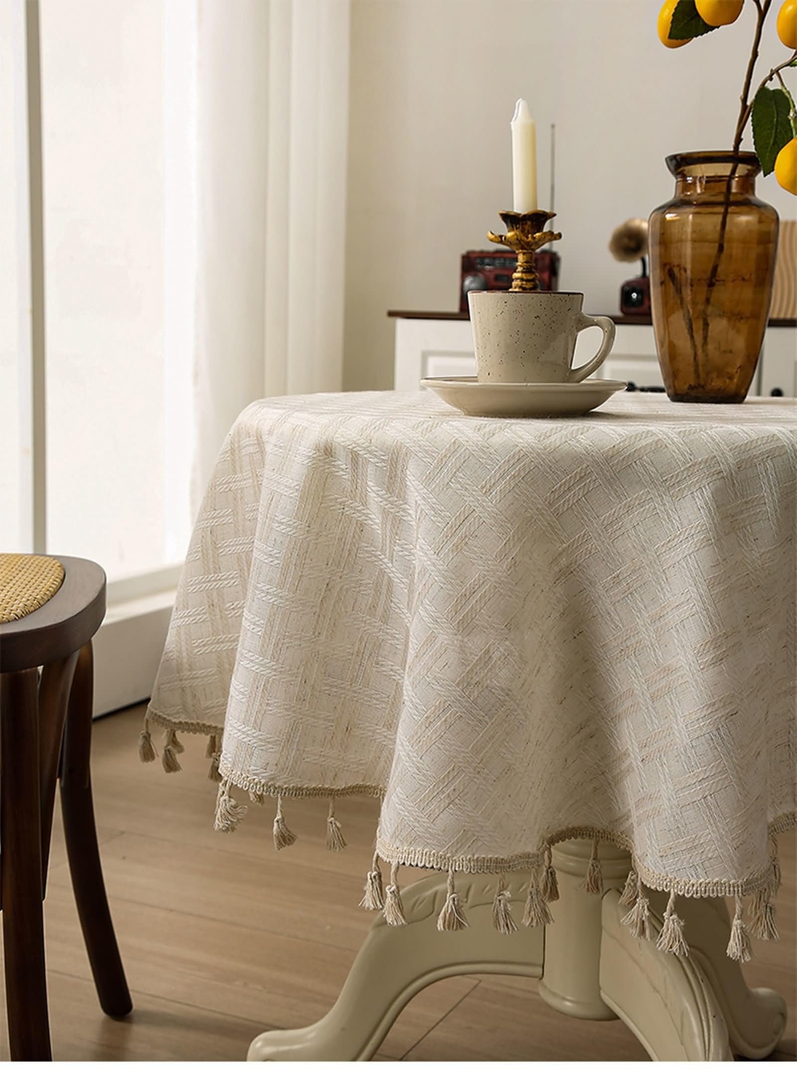 Manteles Comedor, 140 x 260 cm, Beige, Rectangular, Mantel Poliéster Color Liso con Borlas