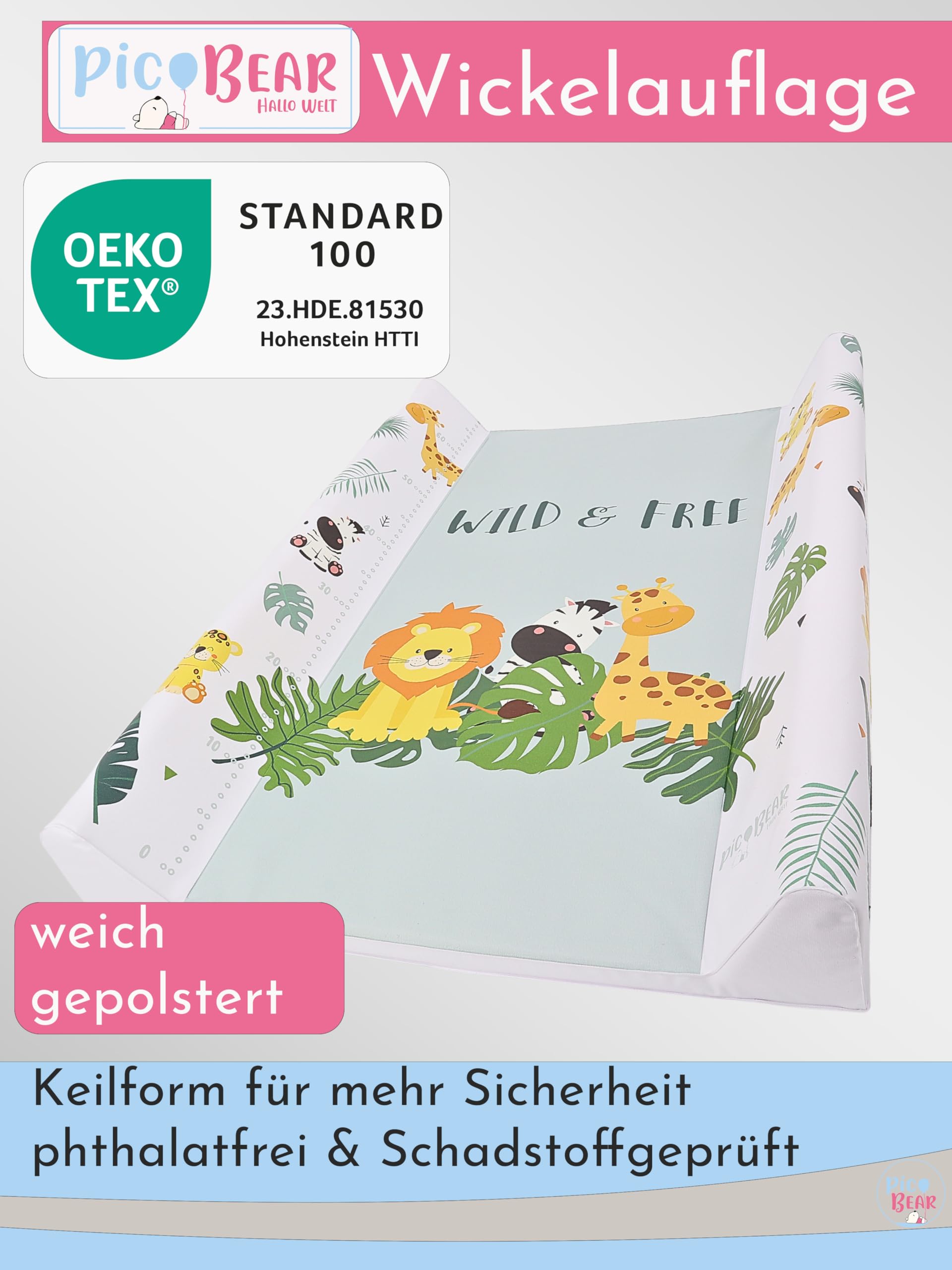 pic Bear Keil Wickelauflage - hochwertige OEKO-TEX Wickeltischauflage - pflegeleichte Wickelunterlage - Auflage Wickelkommode -50 x 70 cm - Wild & Free