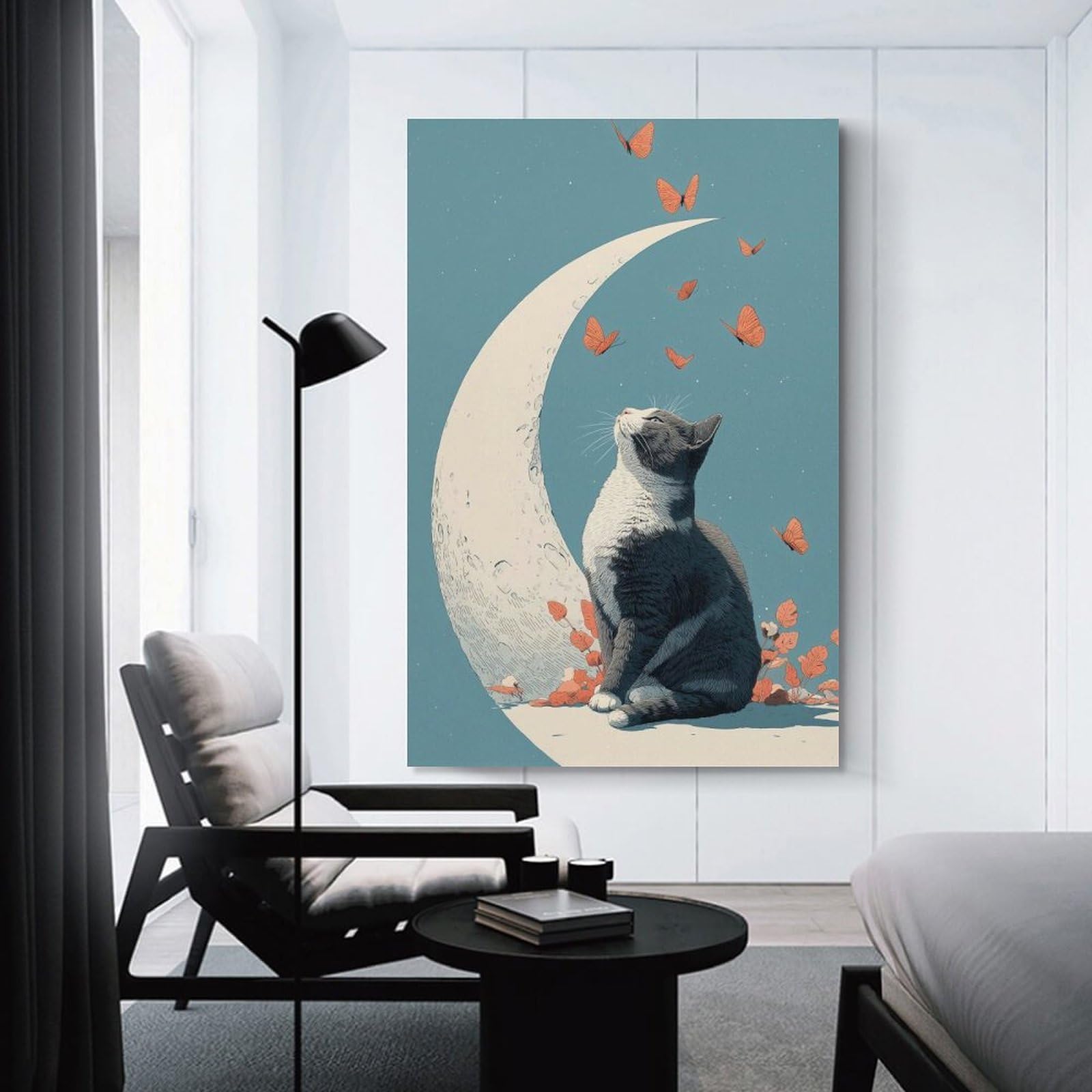 Junmoney Cat, Moon, And Butterflies Illustration Canvas Wall Decor, 24x36inch(60x90cm), for Bedroom, Guest Room Or Reading Nook, Canvas Wall Decor for Personal Spaces