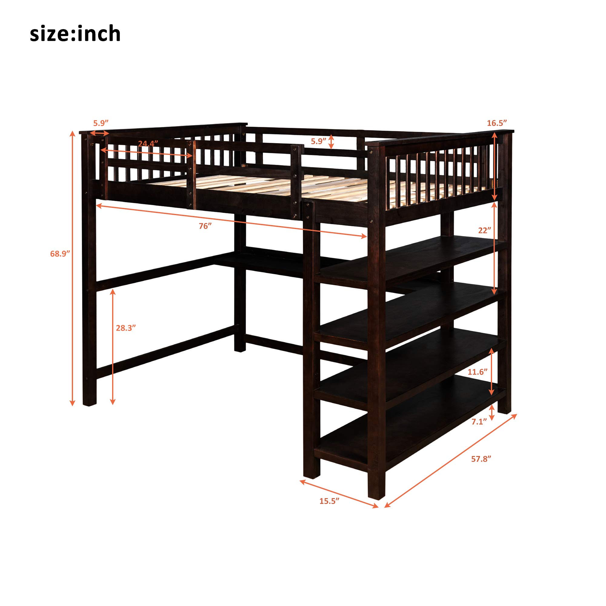 Full Size Loft Bed with Desk and Storage Shelves, Full Loft Bed with