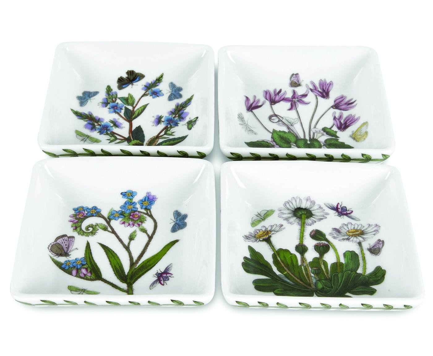 Portmeirion Botanic Garden 3" Mini Square Dish (Set of 4), Assorted Florals Motif - Durable Porcelain with Chip-Resistant Glaze, Dishwasher, Microwave, Oven Safe - Stylish Bakeware & Serveware