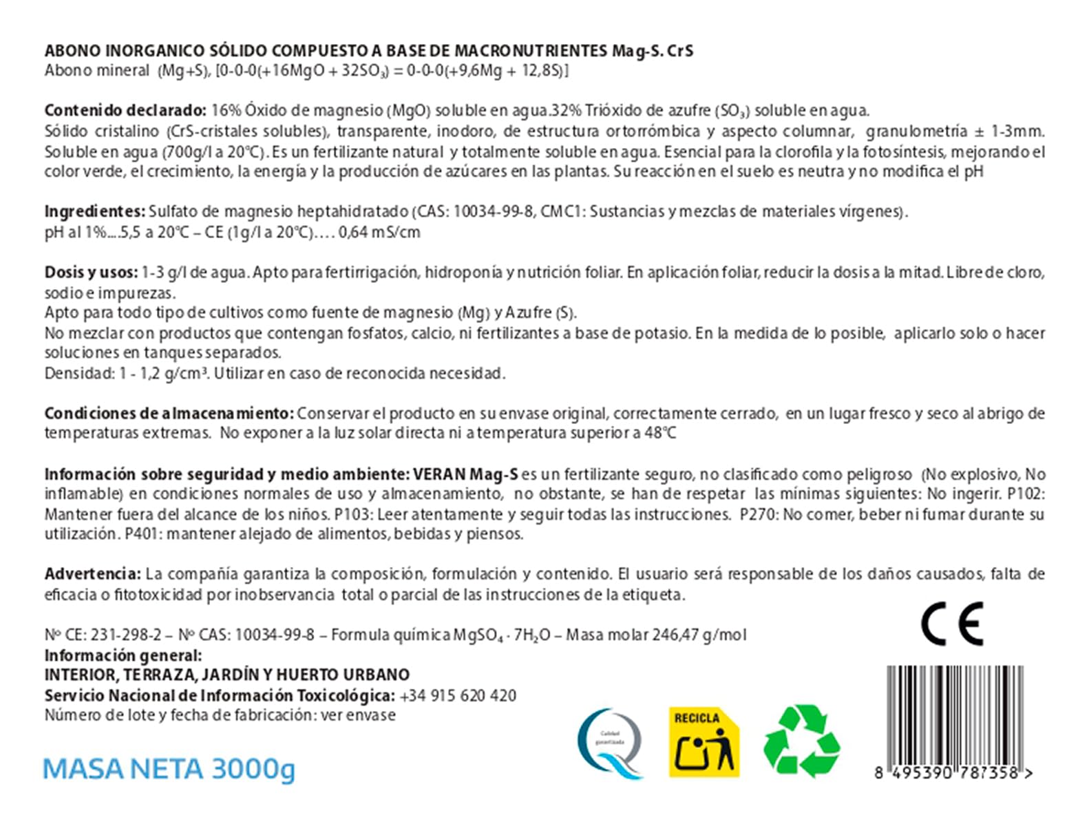 VERAN Fertilizante de Magnesio y Azufre, para Huerto y Jardín | Sulfato de Magnesio | Sales de Epsom | Fertilizante 100% Natural | 100% Soluble en Agua (3Kg)