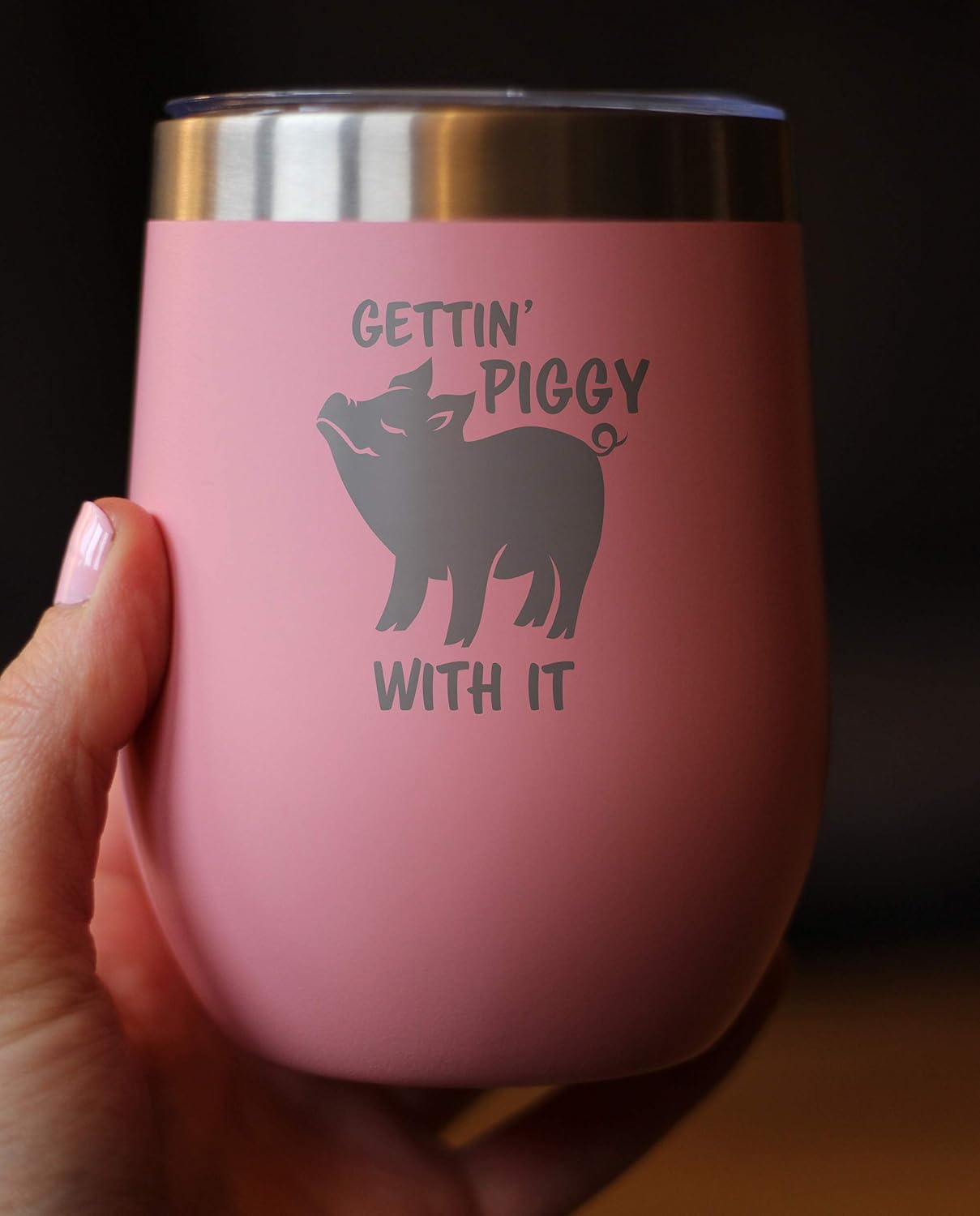 Bеѕt Rеvіеw Gettin Piggy - Wine Tumbler Glass with Sliding Lid - Stainless Steel Insulated Mug - Cute Pig Decor Gifts - Pink