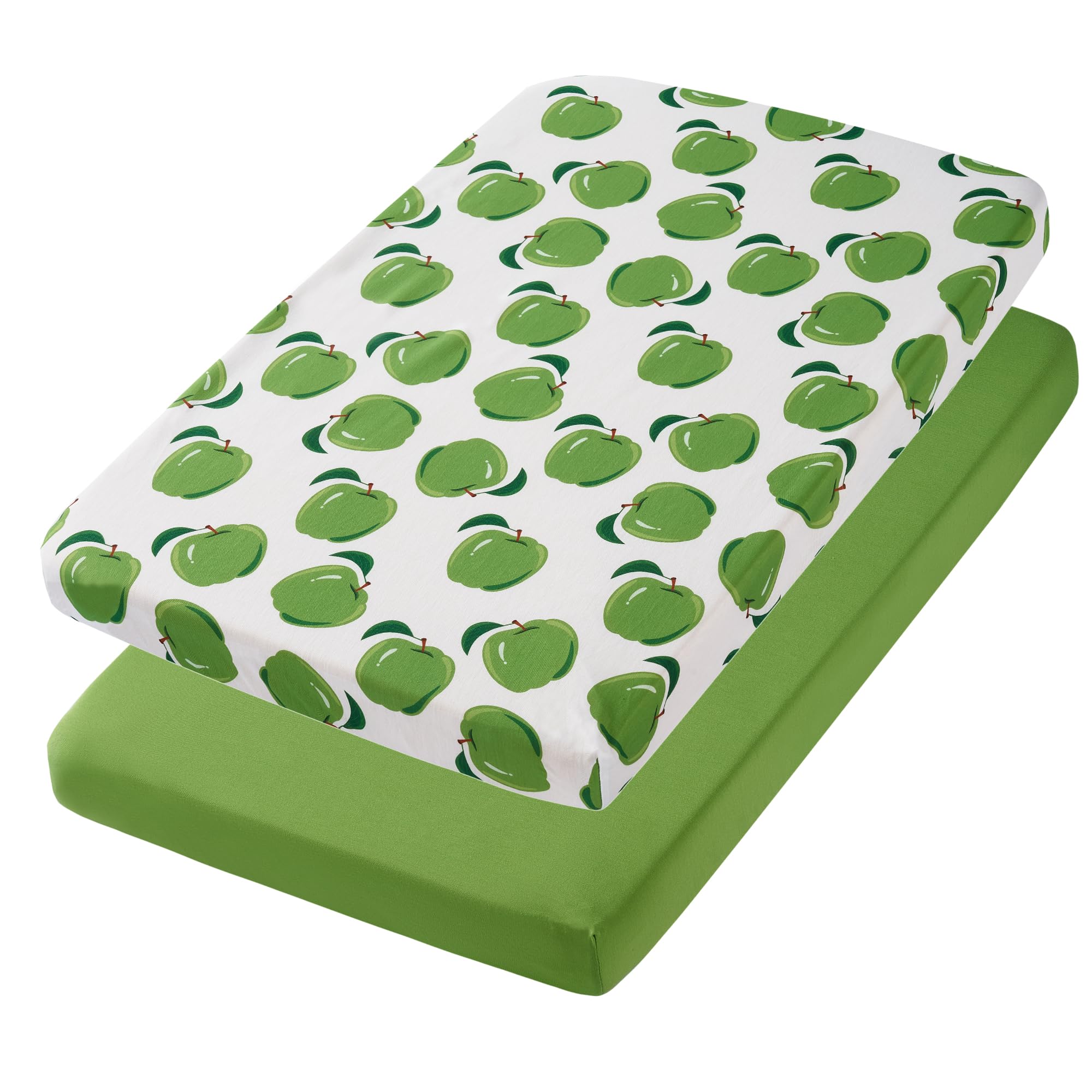 TILLYOU Spannbettlaken für Kinderbetten, 2er-Pack, Packung und Spiellaken für Kleinkindermatratzen, weich und atmungsaktiv, 96,5 x 61 cm, Pack n Play Matratzenbezug, Apfel- und Fruchtgrün