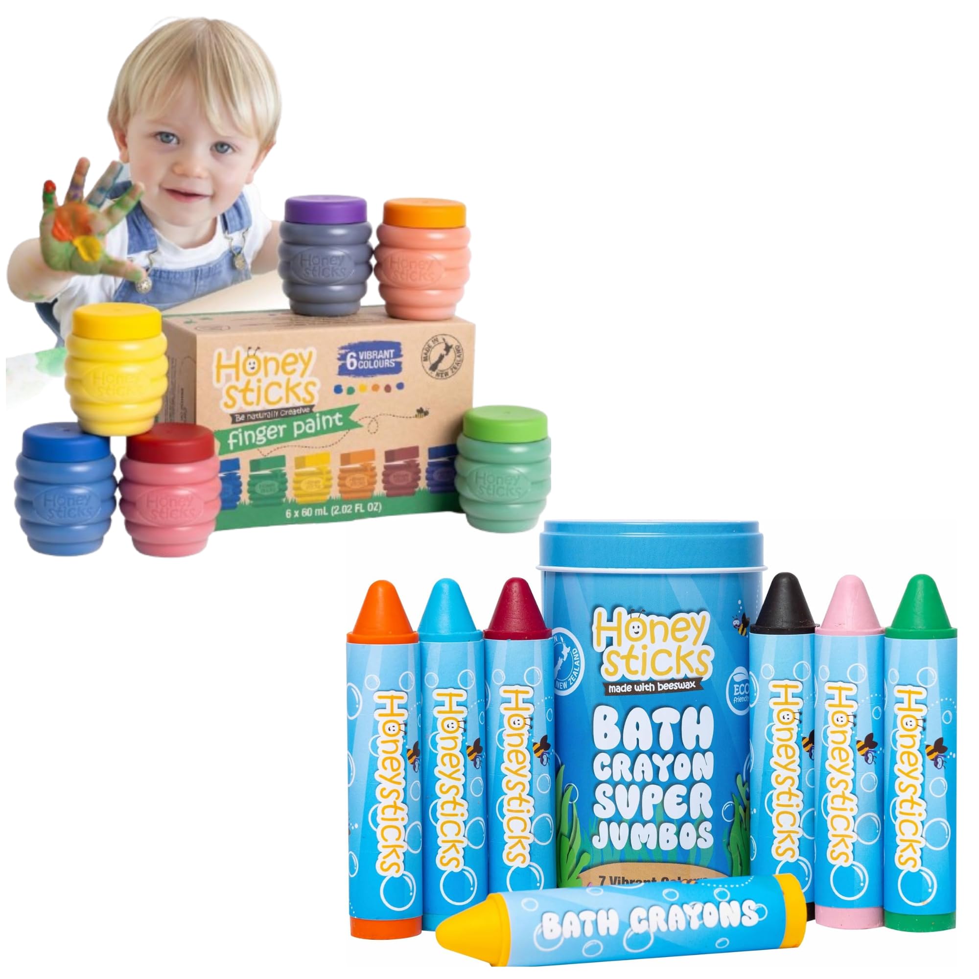 Non Toxic Finger Paint (6 Bright Colors) and Super Jumbo Bath Crayons (7 Pack), Perfect Gifting for Toddlers and Children, Non Toxic, Natural - Made with Love in New Zealand
