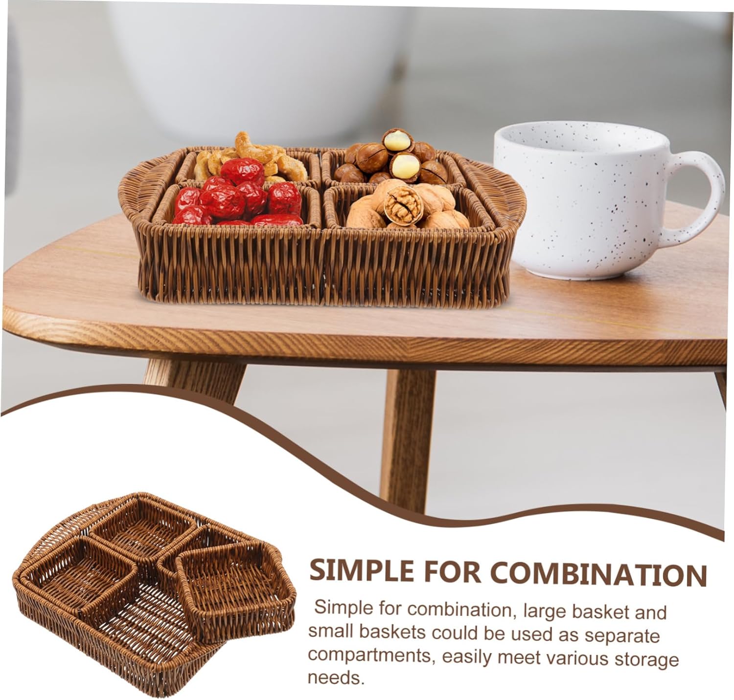 Cabilock 5-Piece Woven Snack Storage Basket Set Compartments Food-Grade Material for Dried Fruits and Small Items for Kitchen Organization