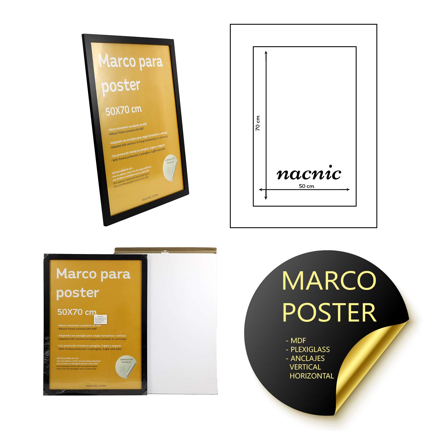 Nacnic Duża ramka na zdjęcia do ochrony i wyświetlania zdjęć, dyplomów, billboardów, plakatów. Ramki w różnych rozmiarach i kolorach. Czarny, rozmiar 50x70 cm