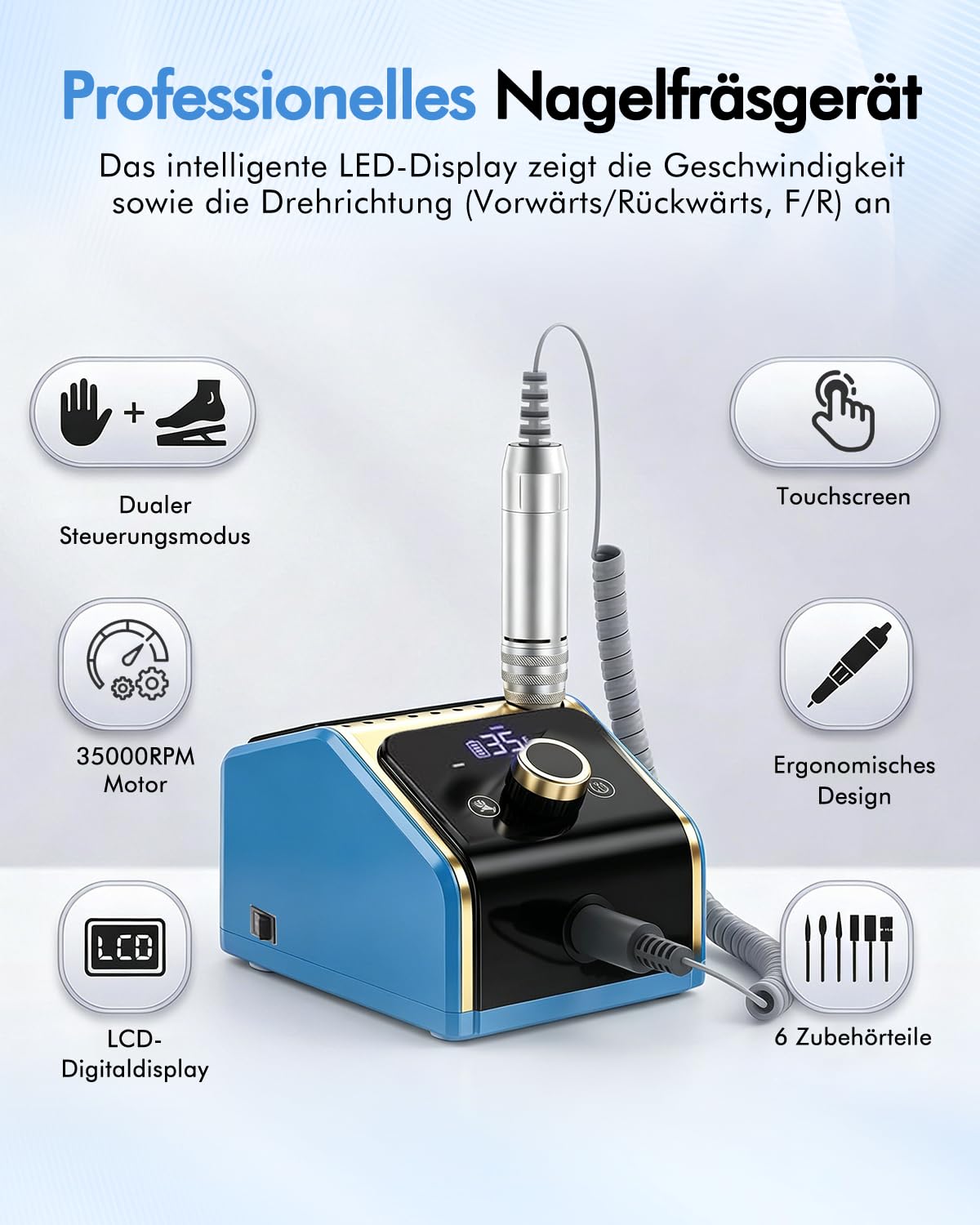 CozyZen Elektrische Nagelfräsmaschine 35.000 U/min Profi-Set | Mit LCD-Display, Hand- & Fußpedal, leise und vibrationsarm für Acryl-, Gel- & Naturnägel, Salon & Zuhause（Blau）