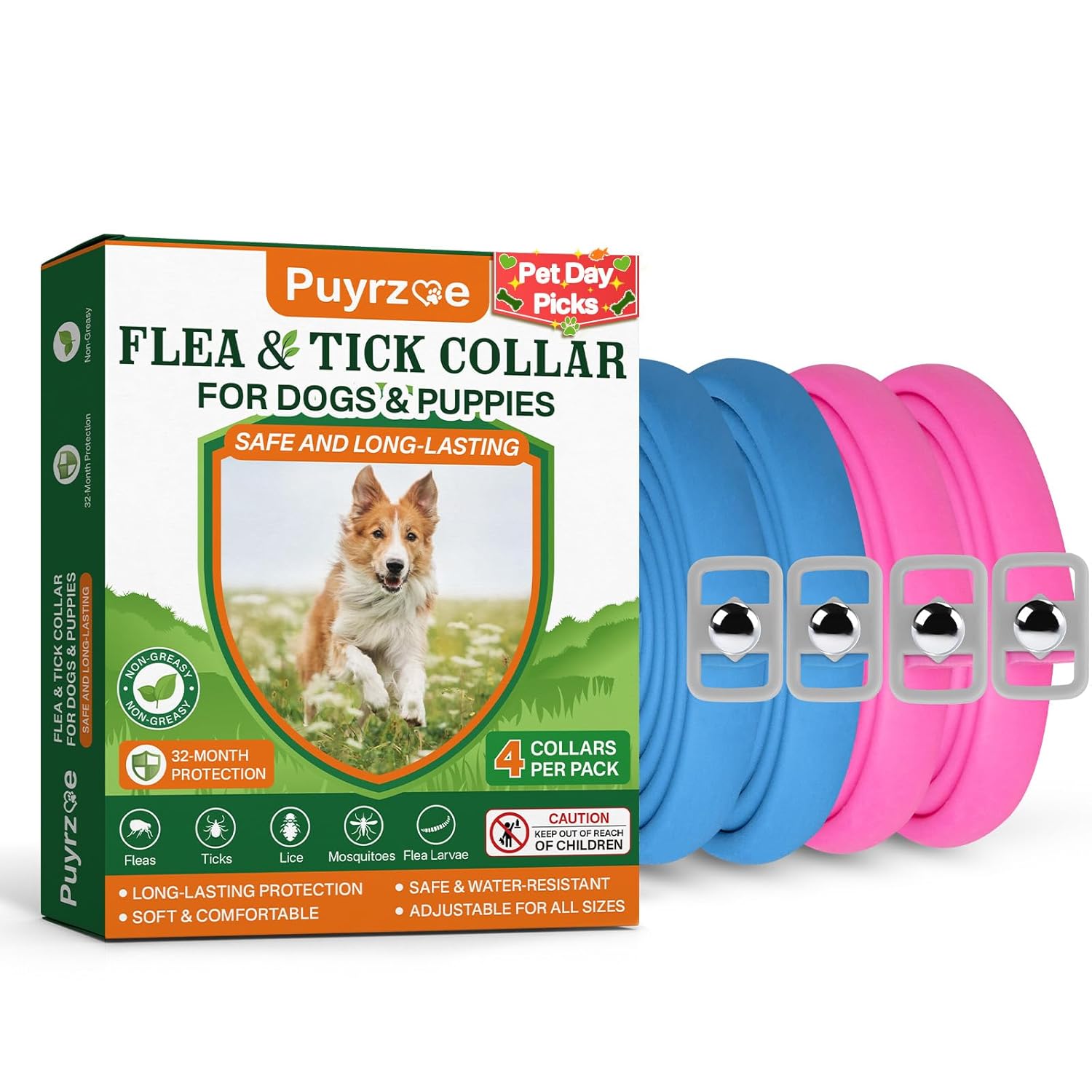 Puyrzoe Flea and Tick Prevention for Dogs Collar 4 Pack, Natural Flea Collar for Dogs 32-Month Full Protection, Adjustable Dog Tick Prevention for Puppy & Dog, Waterproof, 2...