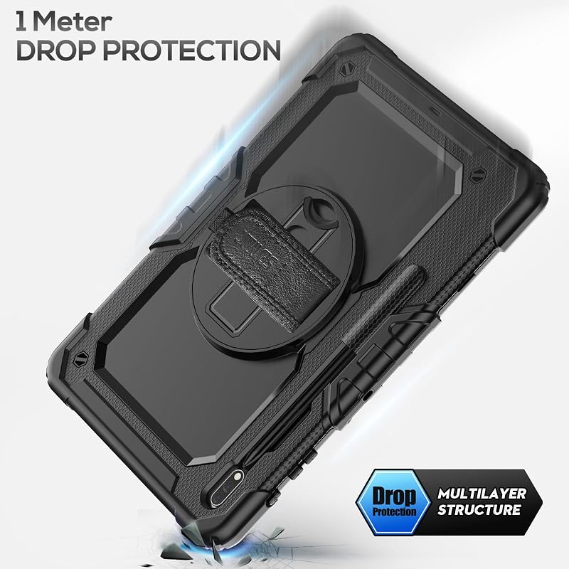SEYMAC Samsung Galaxy Tab S7 FE/S8 Plus/S7 Plus 12,4" Védőtok Beépített Képernyővédővel, 360° Forgatható Állvánnyal, Kéz- és Vállpánttal, To