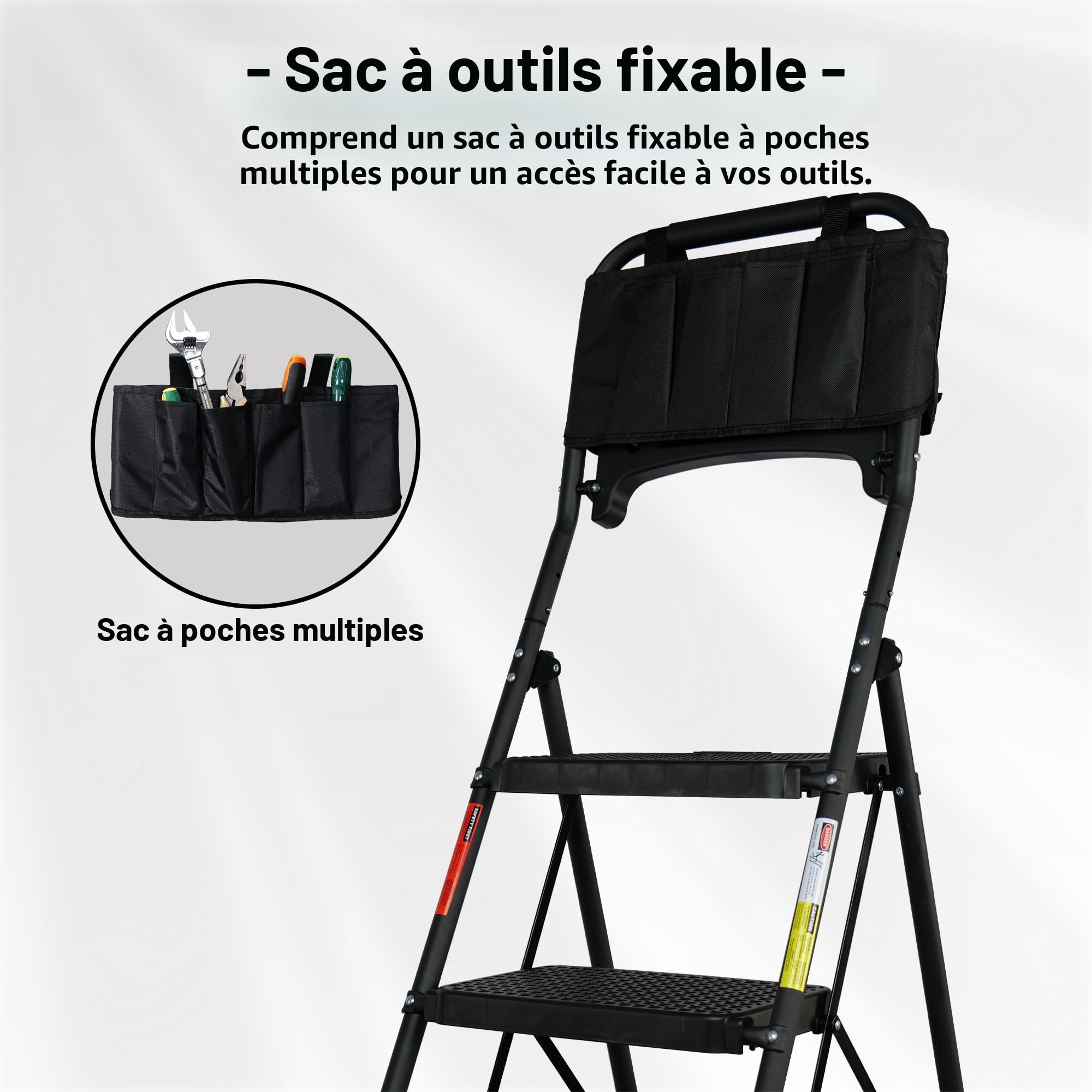 BONTEC Escabeau 5 Marches Pliable en Acier, Charge 150 kg, Marche Pied Antidérapant, Plateforme de Travail avec Plateau Outils, Escabeau avec Main Courante pour Cuisine Atelier Entrepôt, Noir