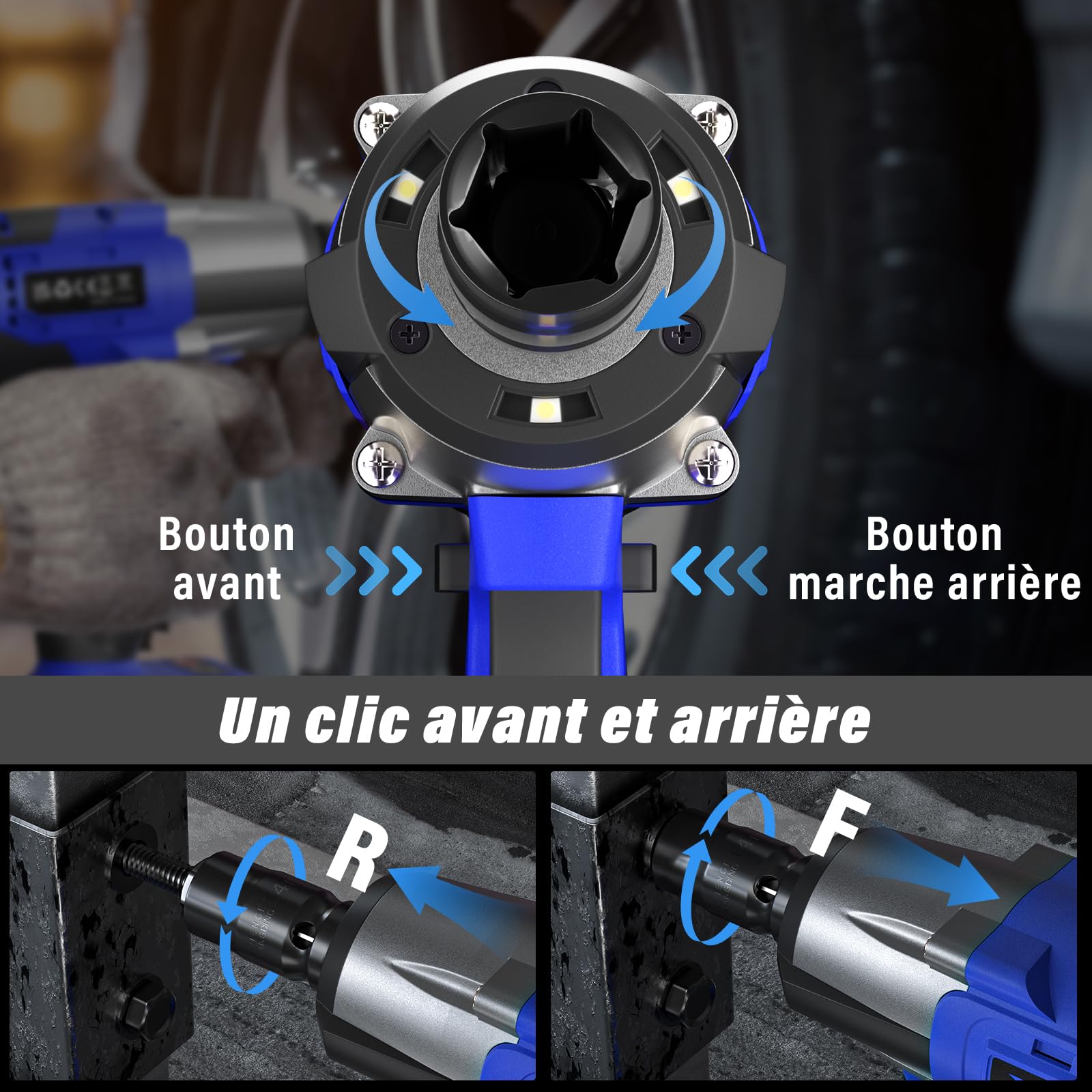 Clé à Chocs Sans Fil Brushless, 550Nm Boulonneuse à Choc Electrique, avec 2 Batterie 4.0Ah, Visseuse à chocs Fréquence d'impact 2500RPM, avec 4 Douilles à Chocs et 12 Accessoires pour Perceuses
