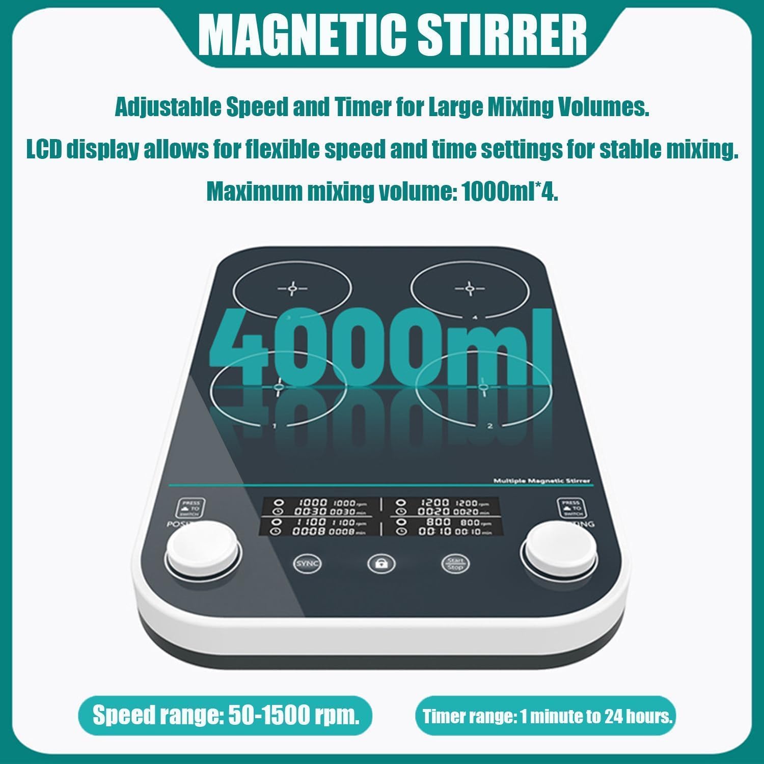 Agitatore magnetico digitale LCD 4x1000ml, 50-1500RPM, timer 1min-24h, agitatore multi posizione laboratorio per ricerca scientifica