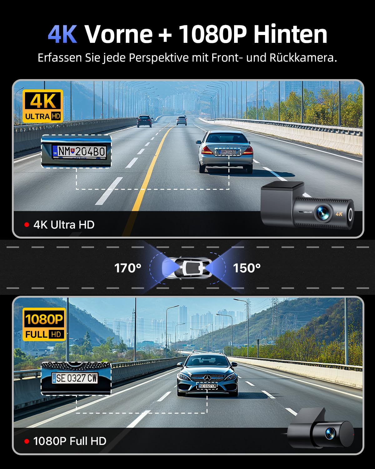 Dashcam Auto Vorne Hinten 4K+1080P 5.8GHz WLAN 170° Weitwinkel 64GB SD Karte G-Sensor 24h Parküberwachung Nachtsicht 1,5" Display