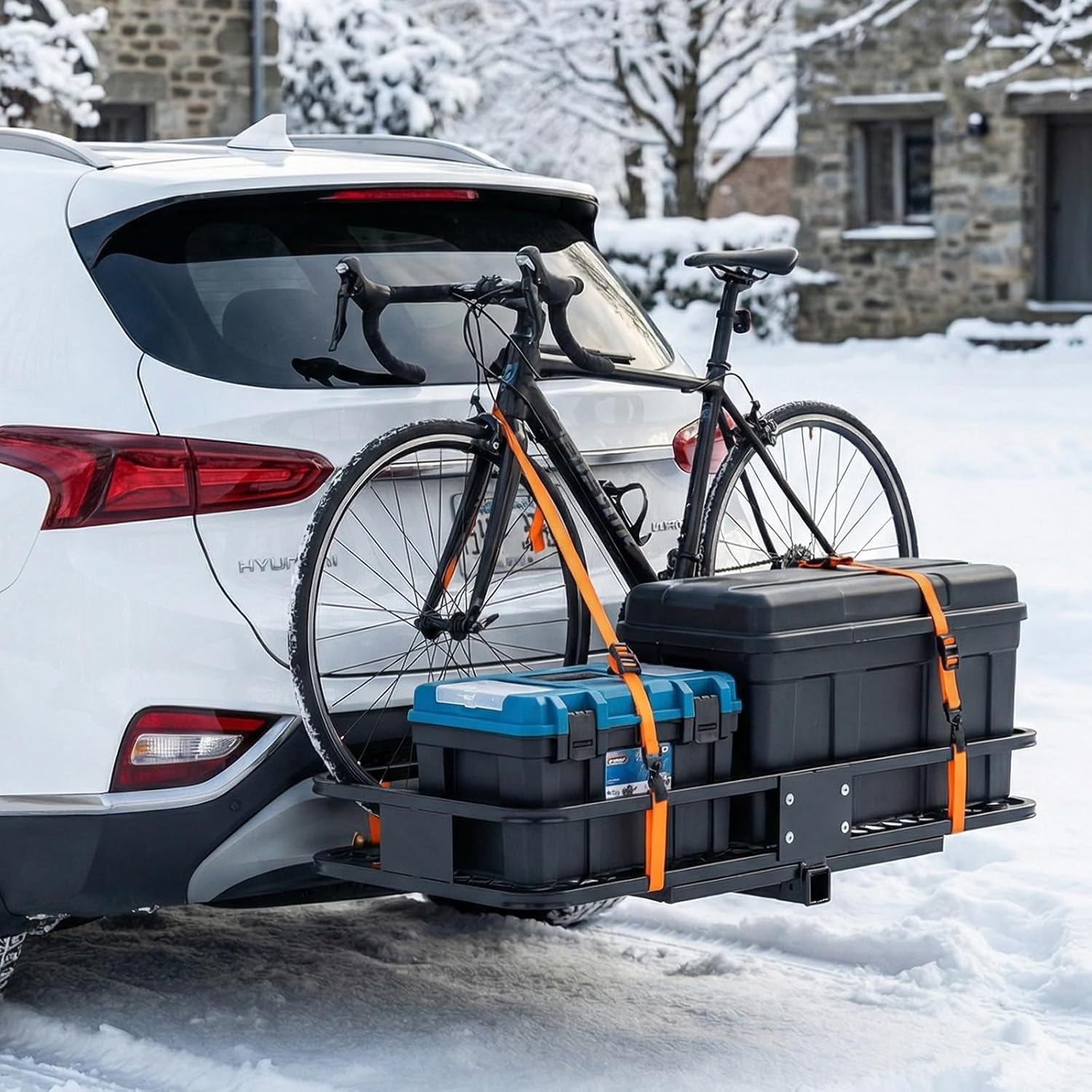 NEWBULIG Folding Hitch Mount Cargo Carrier – 60.1" x 20" x 6" Steel Rack, 500 lbs Capacity, Includes Waterproof Bag, Cargo Net, Combination Lock， Straps and Hitch Stabilizer